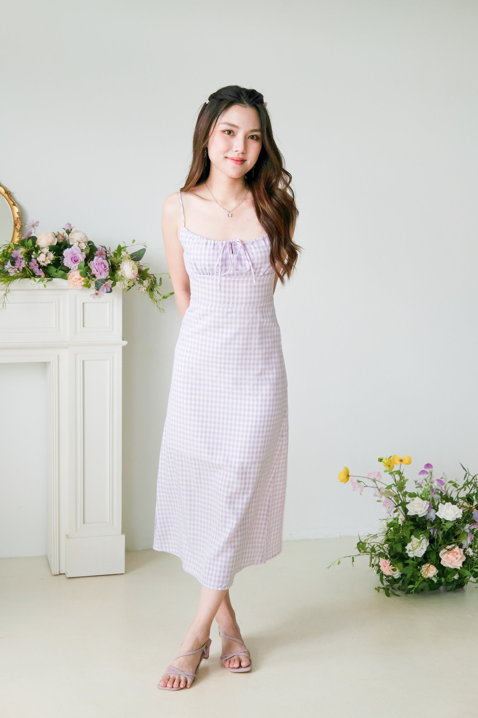 Veronnie Ruched Plaid Midi Dress (Purple)