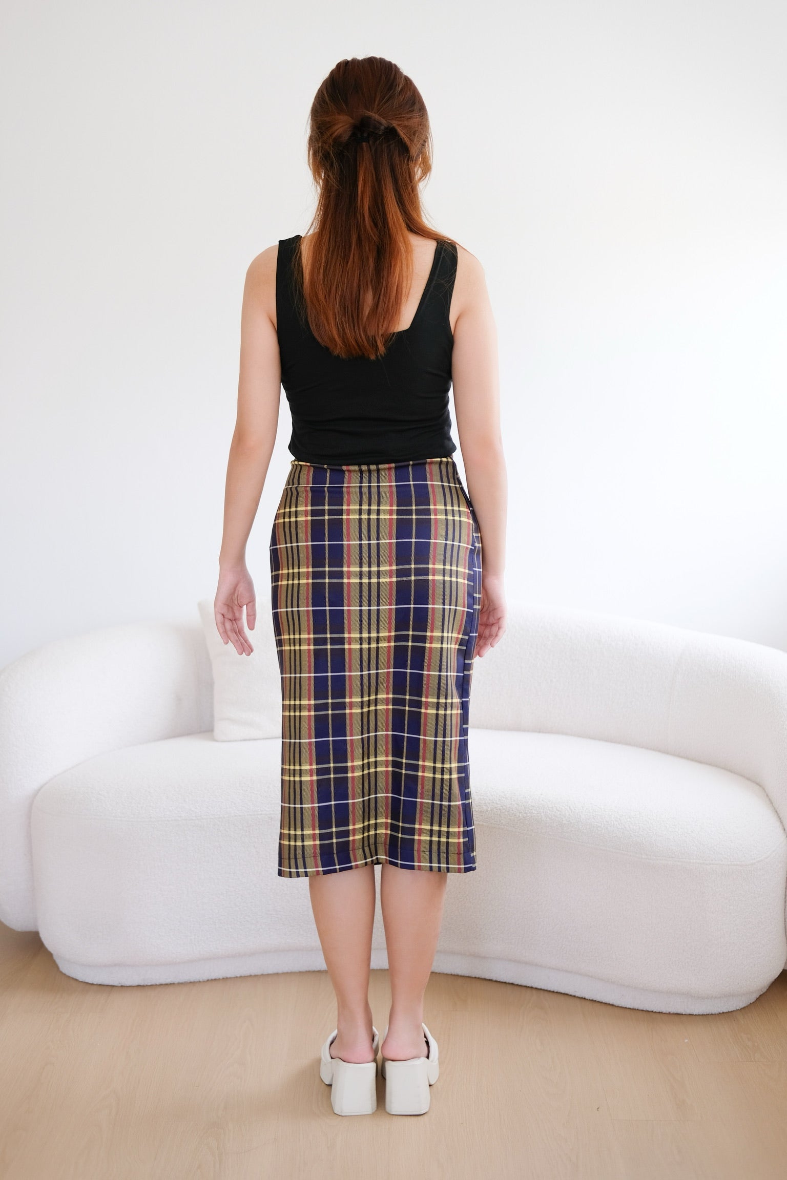 Navy Blue Grid High Waisted Midi Skirt