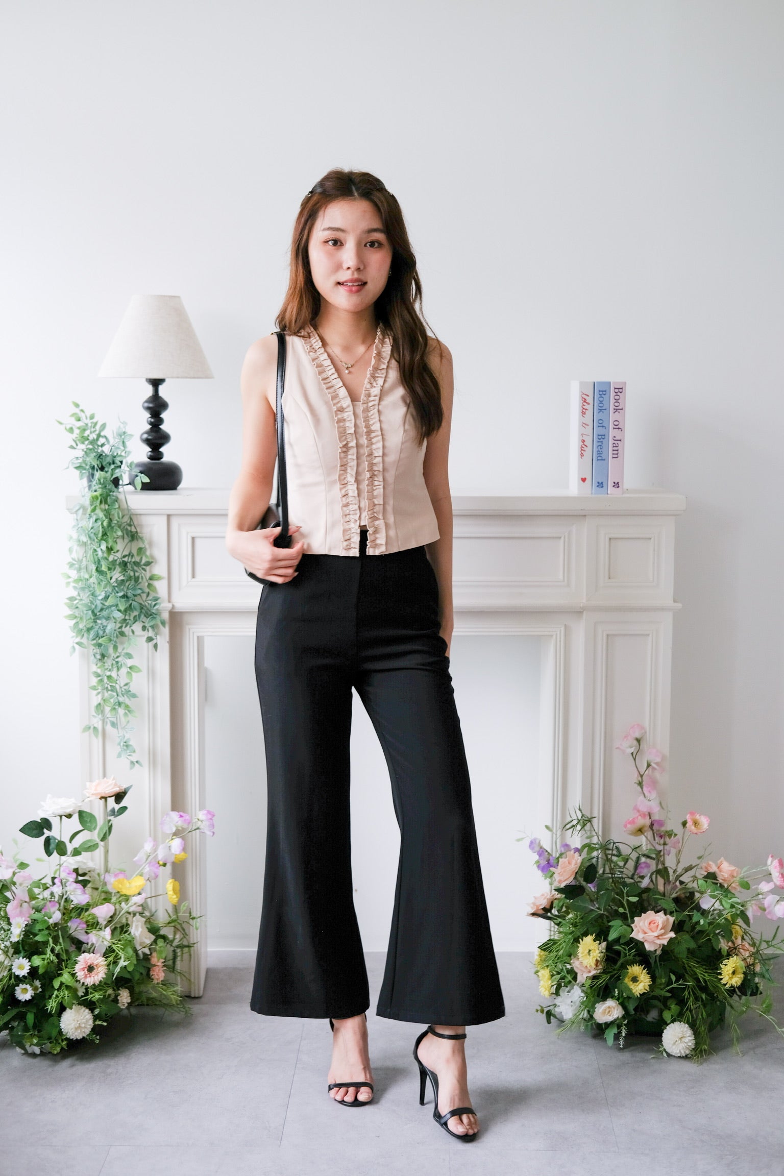 Evangeline Frills V Neck Top (Beige)