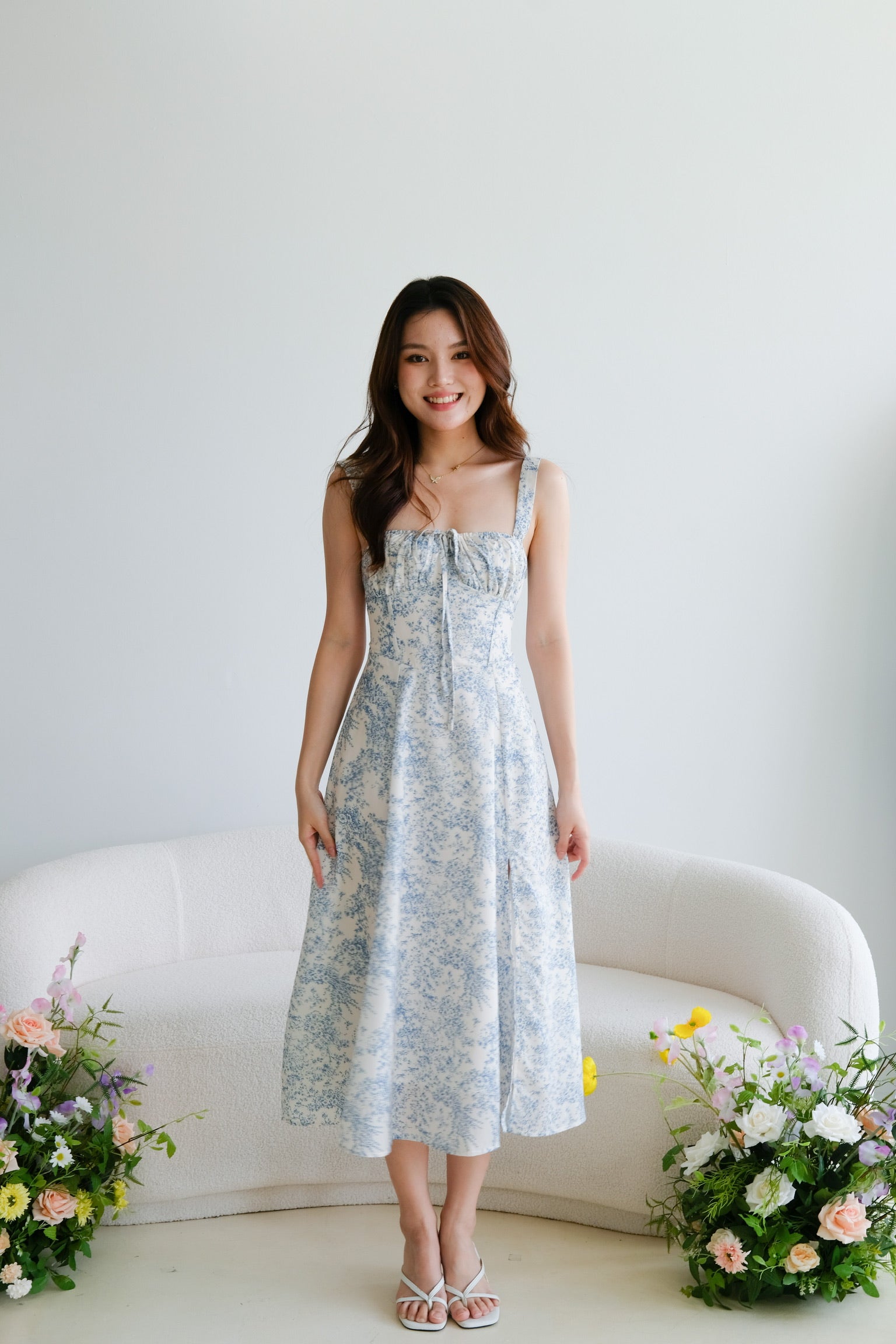 Maisy Ruched Porcelain Maxi Dress (Sky Blue)