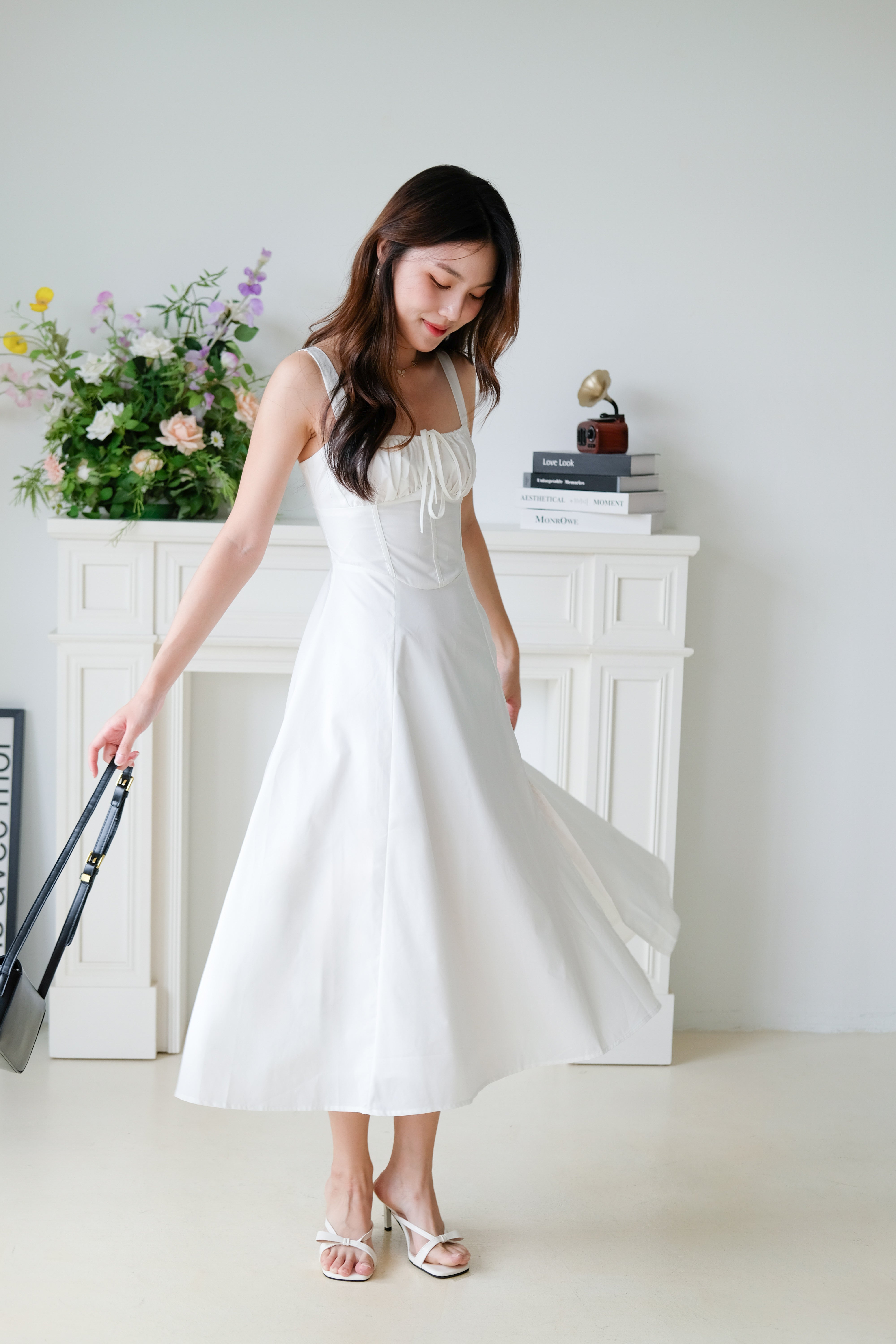 Claire Ruched Slit Midaxi Dress (White)