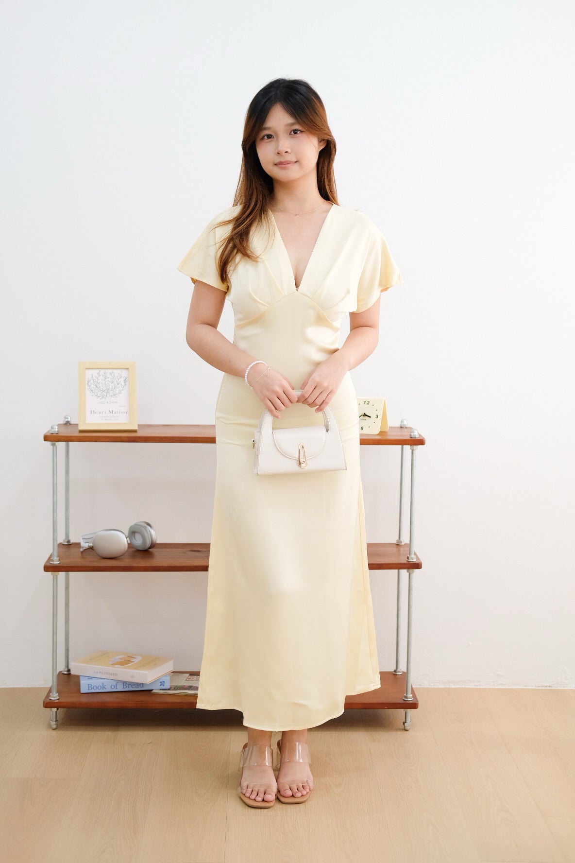 Yellow V Neck Flutter Satin Maxi Dress