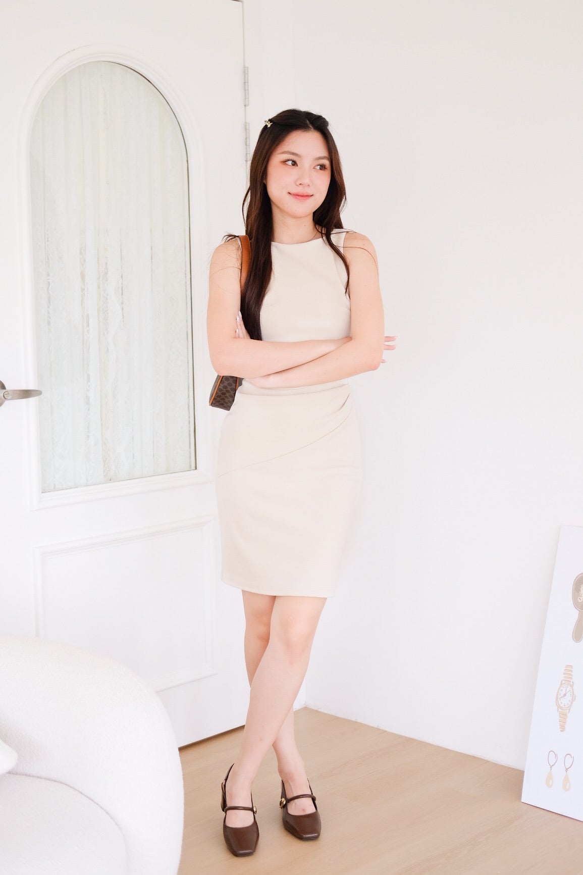 Annette Boatneck Ruched Midi Dress (Sand Beige)