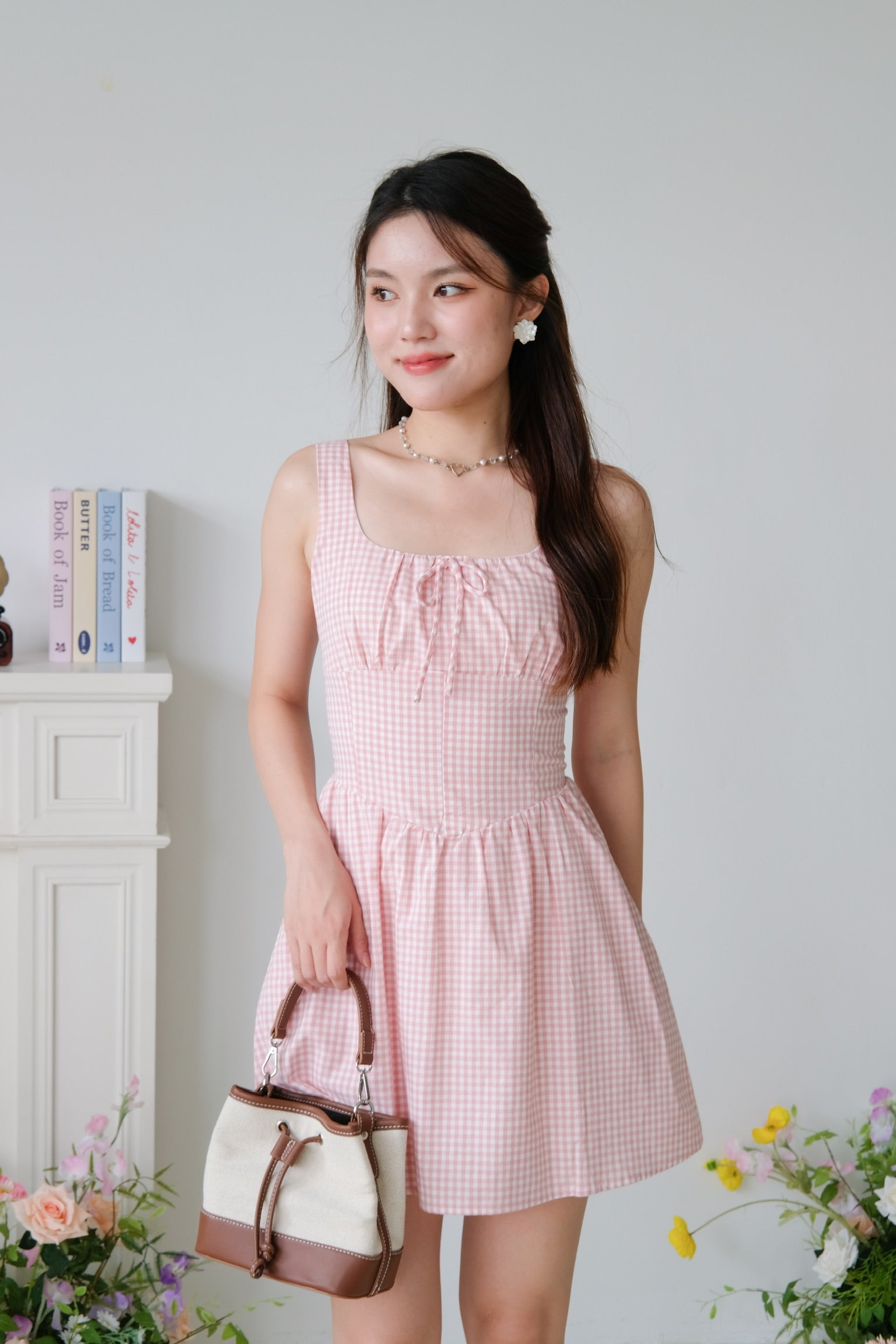 Tiffany Ruched Flare Dress (Pink Plaid)