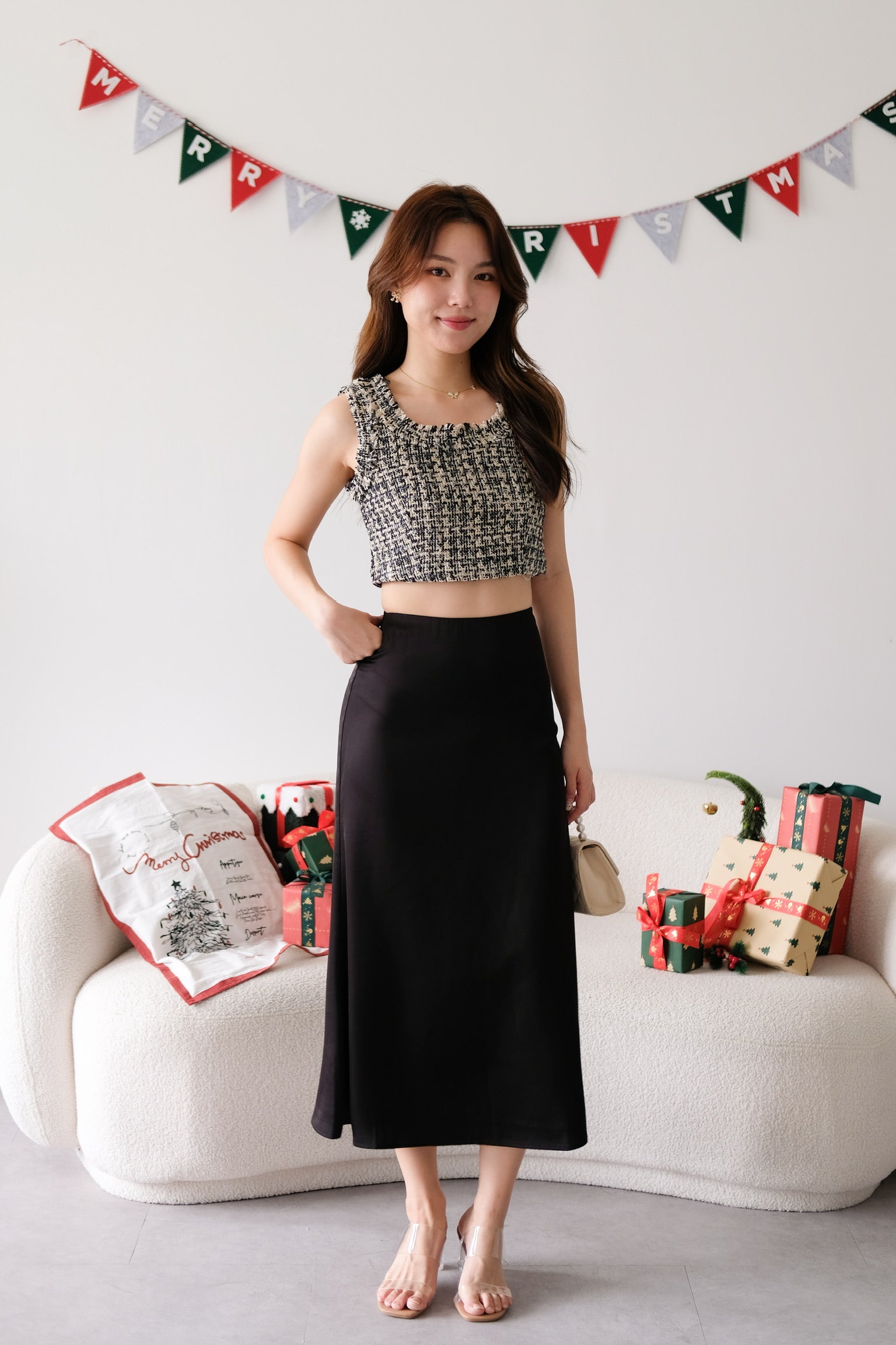 Mirea Frills Tweed Crop Top (Black)