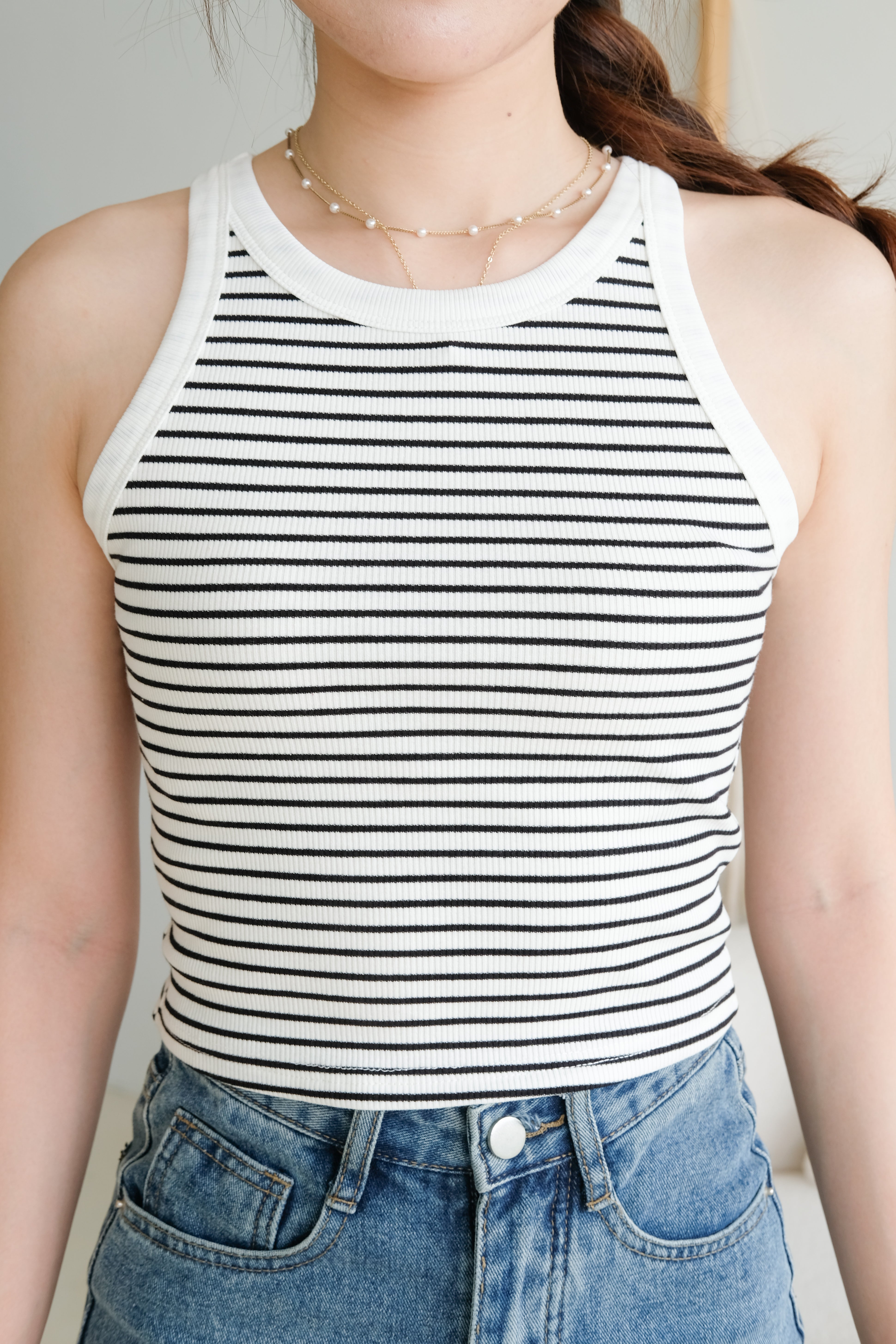 Harper Contrast Halter Crop (White Stripes)