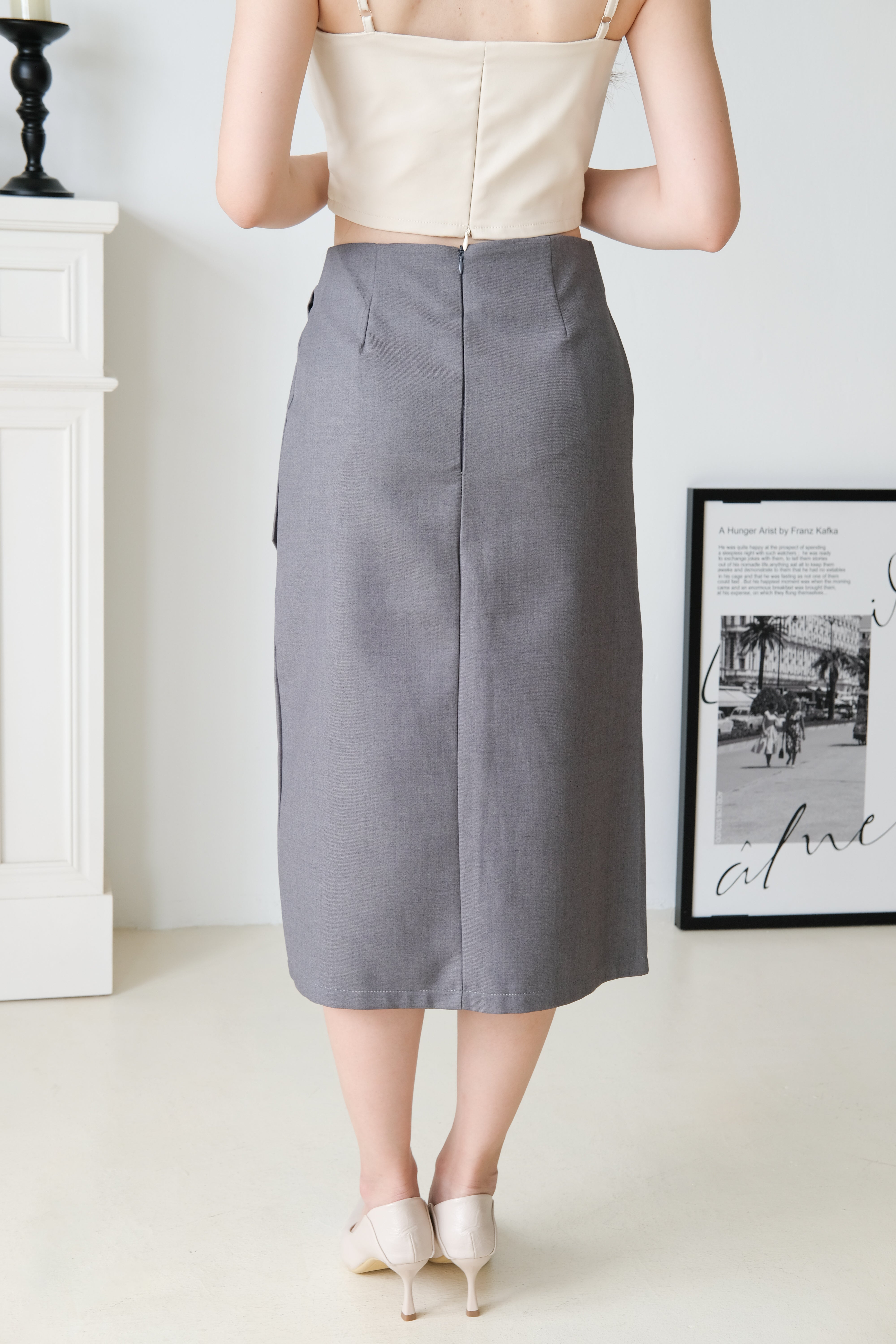 Addie Side Ruched Pencil Skirt (Grey)