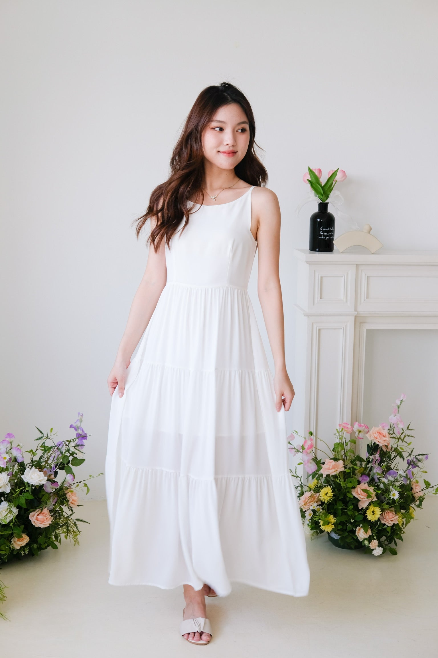 Bernice Boatneck Tiered Maxi Dress (White)