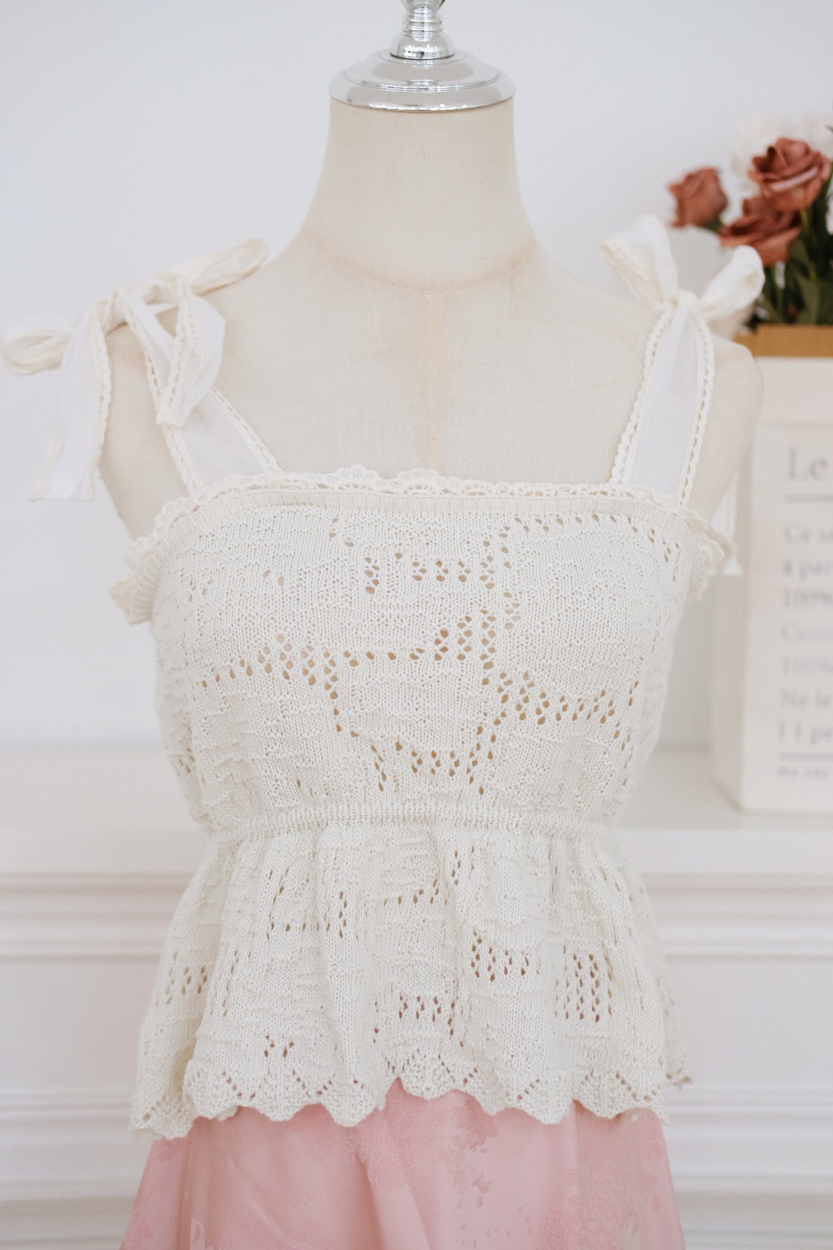 Cream Embroidered Flare Ribbon Top