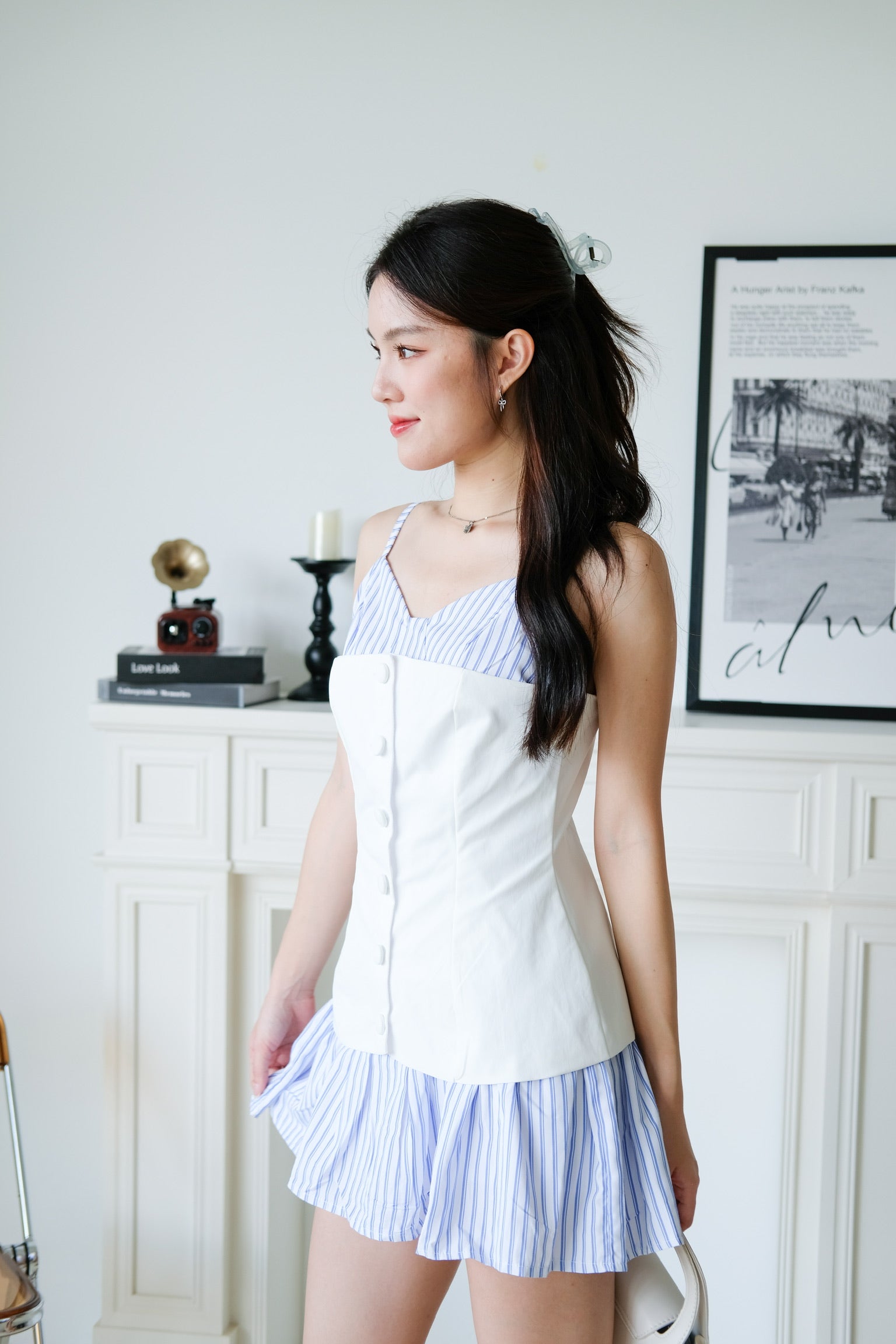 Camie Stripes Contrast Dress (White Blue Stripes)