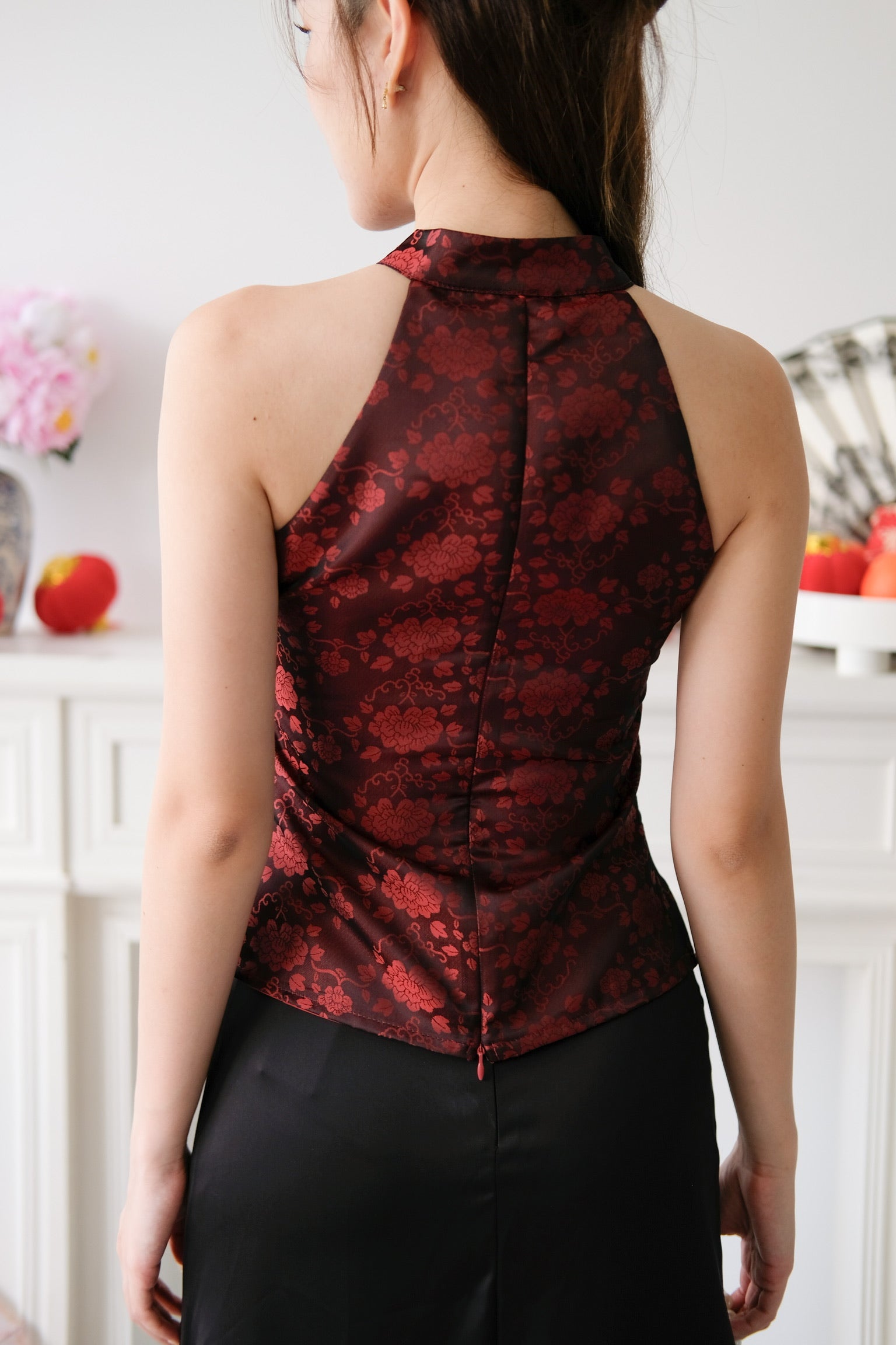Ning Xia Ribbon Cheongsam Top (Wine)