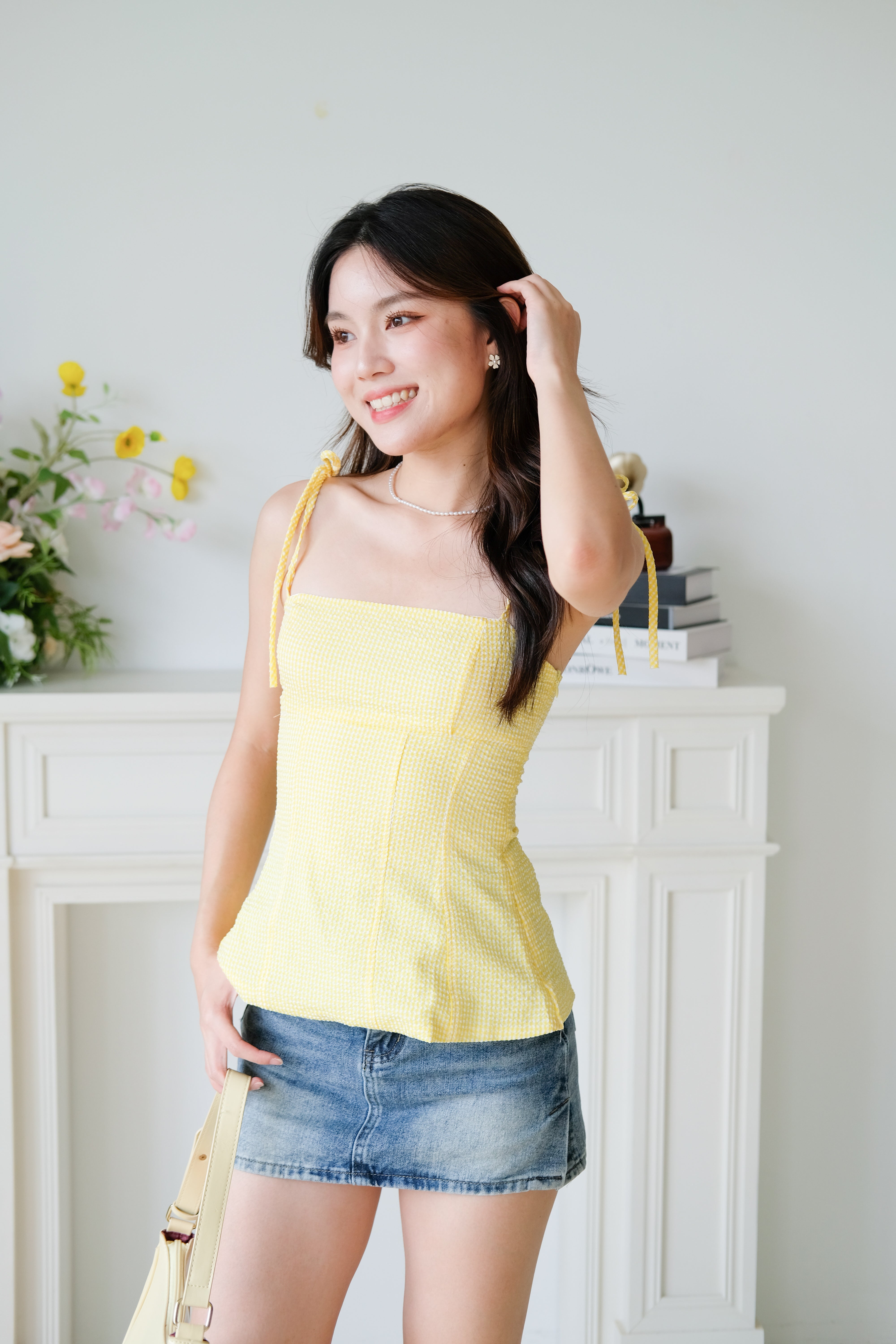 Marilyn Self Tie Ribbon Top (Gingham Yellow)