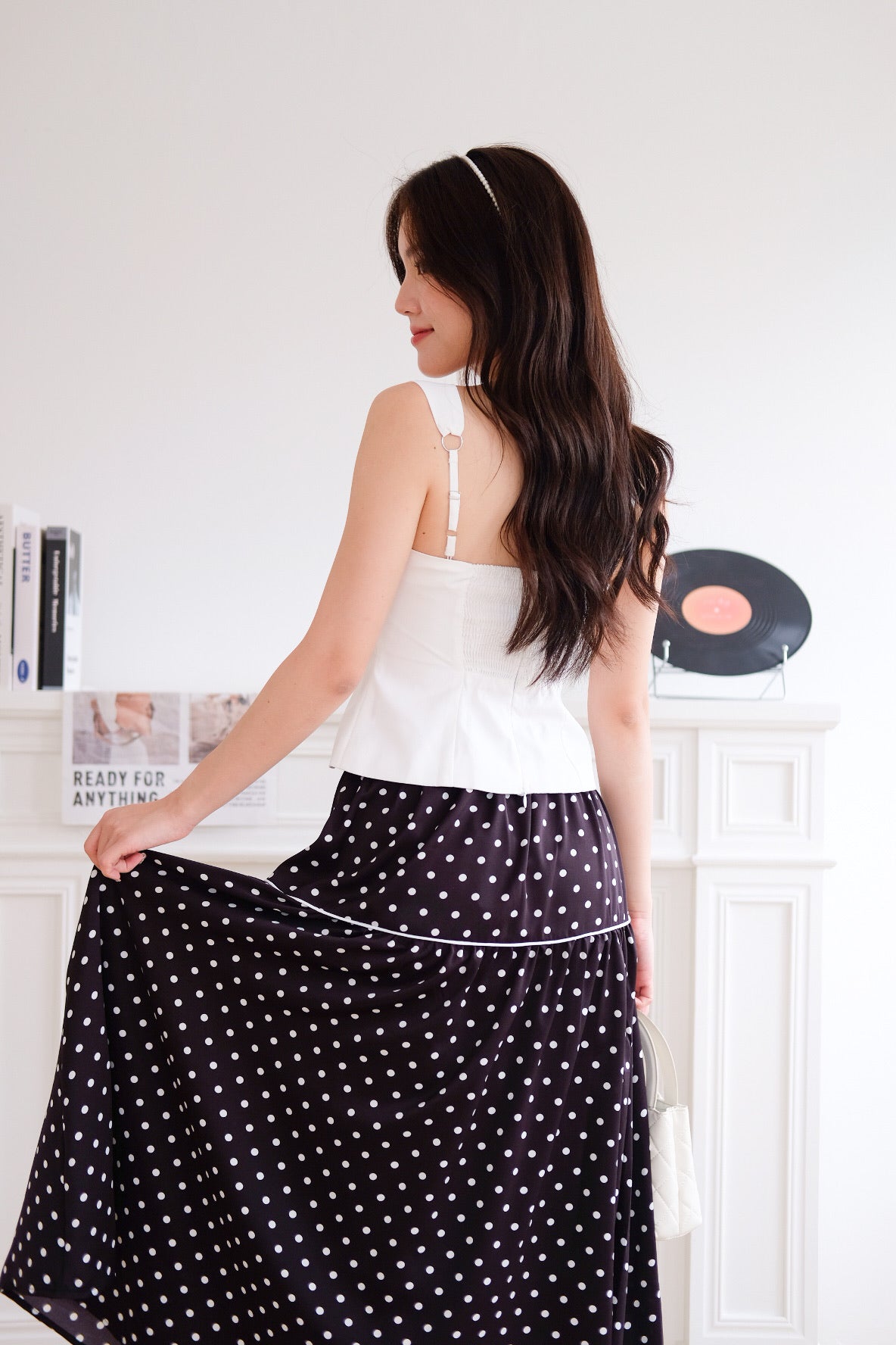 Alva Vintage Contrast A Line Skirt (Polka Black)