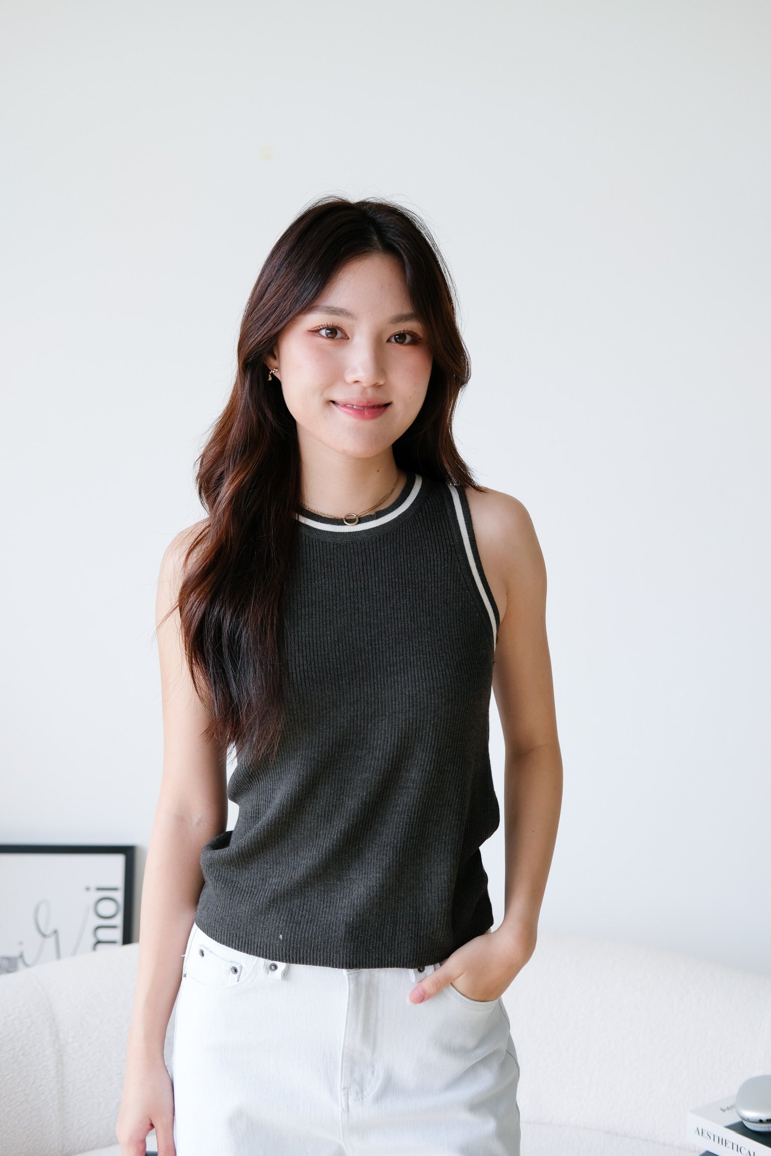 Kyara Contrast Knit Tank Top (Charcoal)