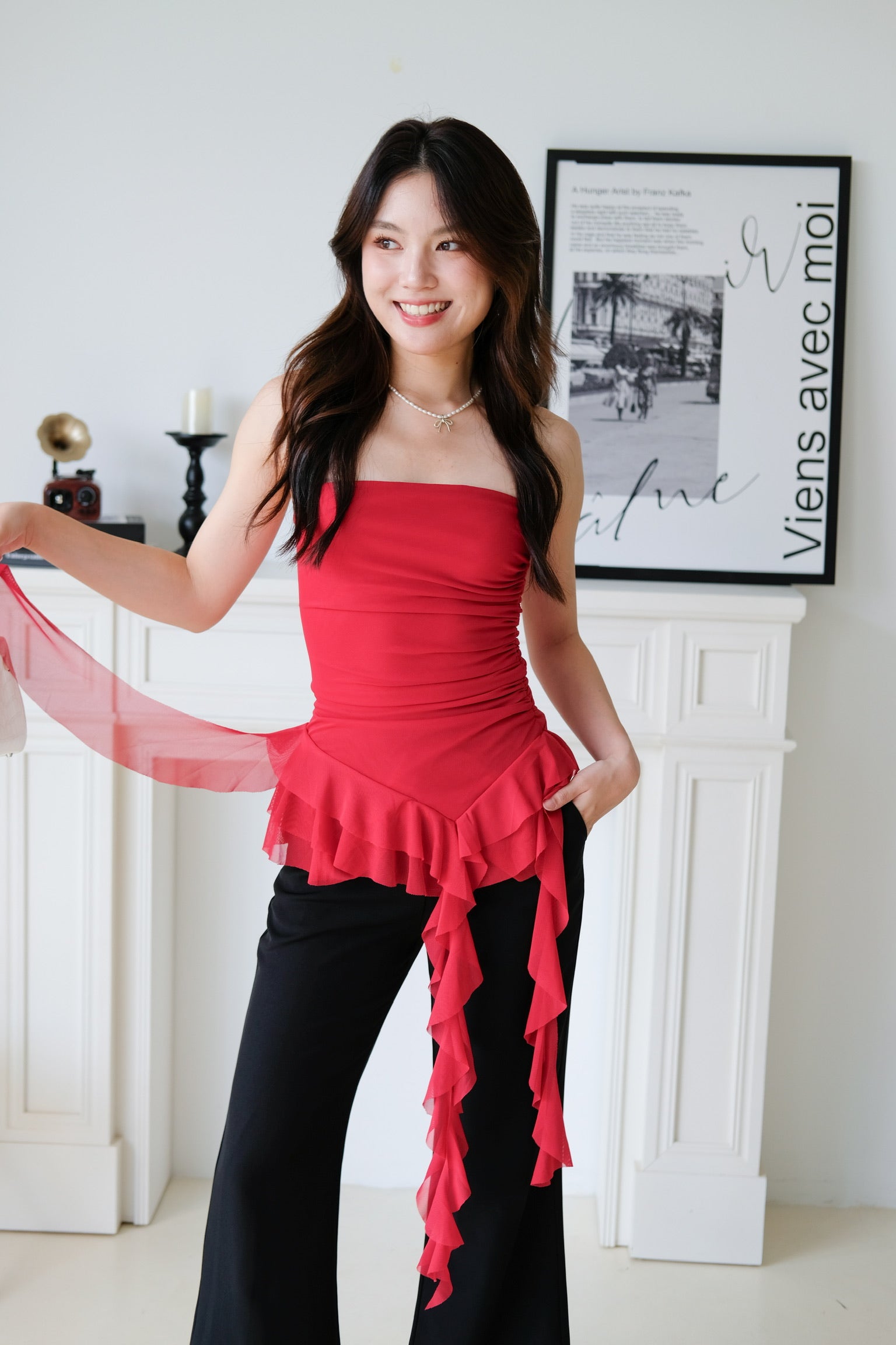 Sona Ruffle Assymetrical Tube Top (Red)
