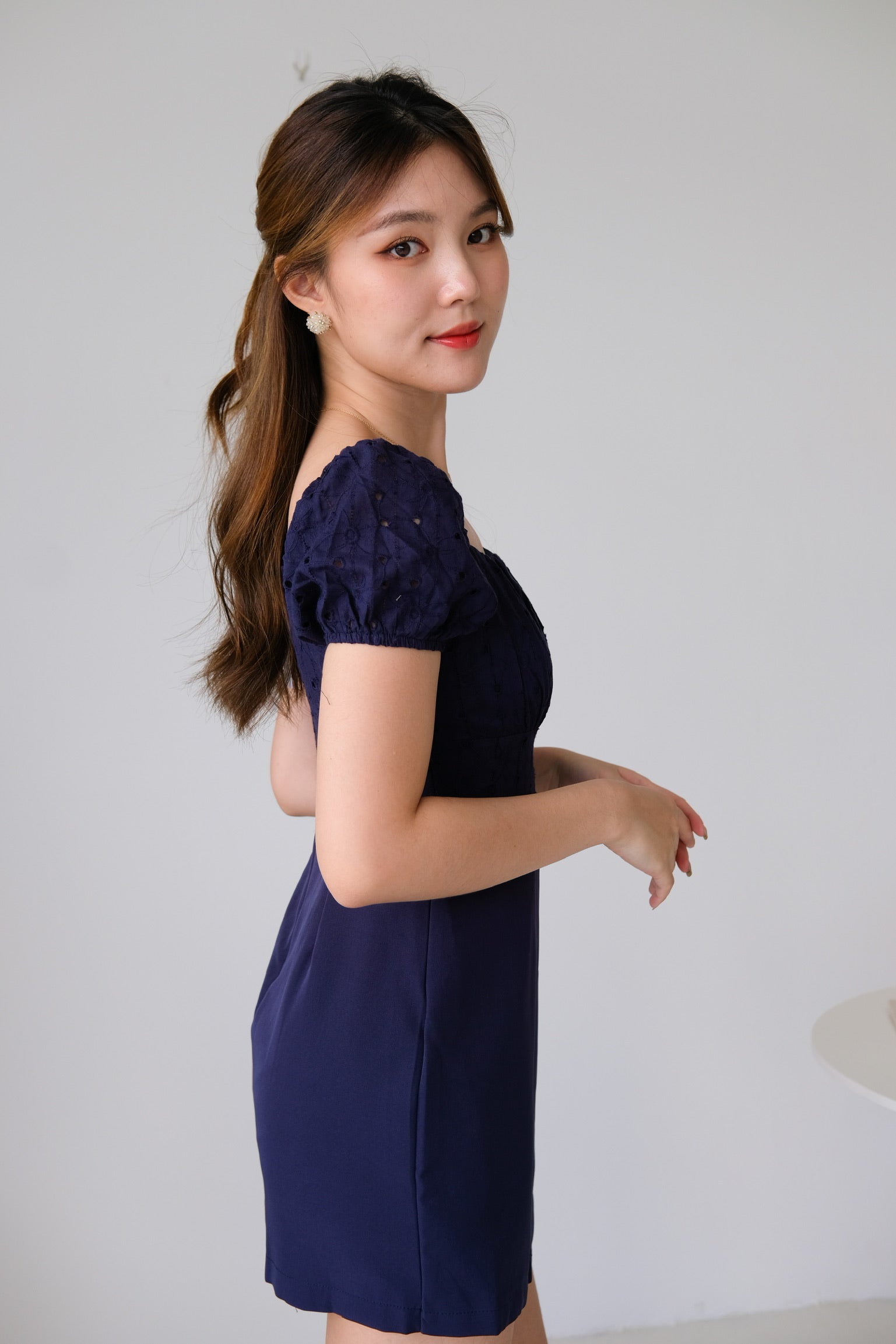 Kathryn Crochet Ruched Dress (Navy Blue)