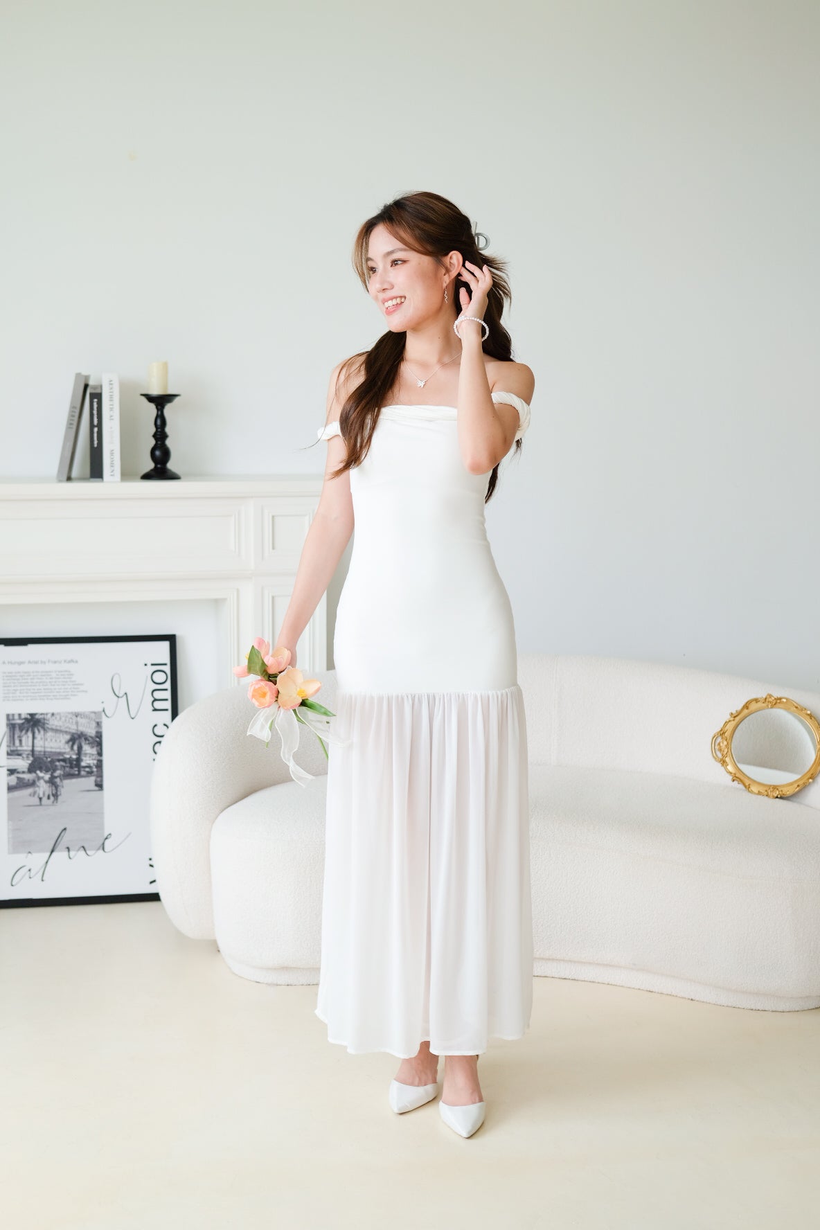 Kim Twist Off Shoulder Bodycon Maxi Dress (White)