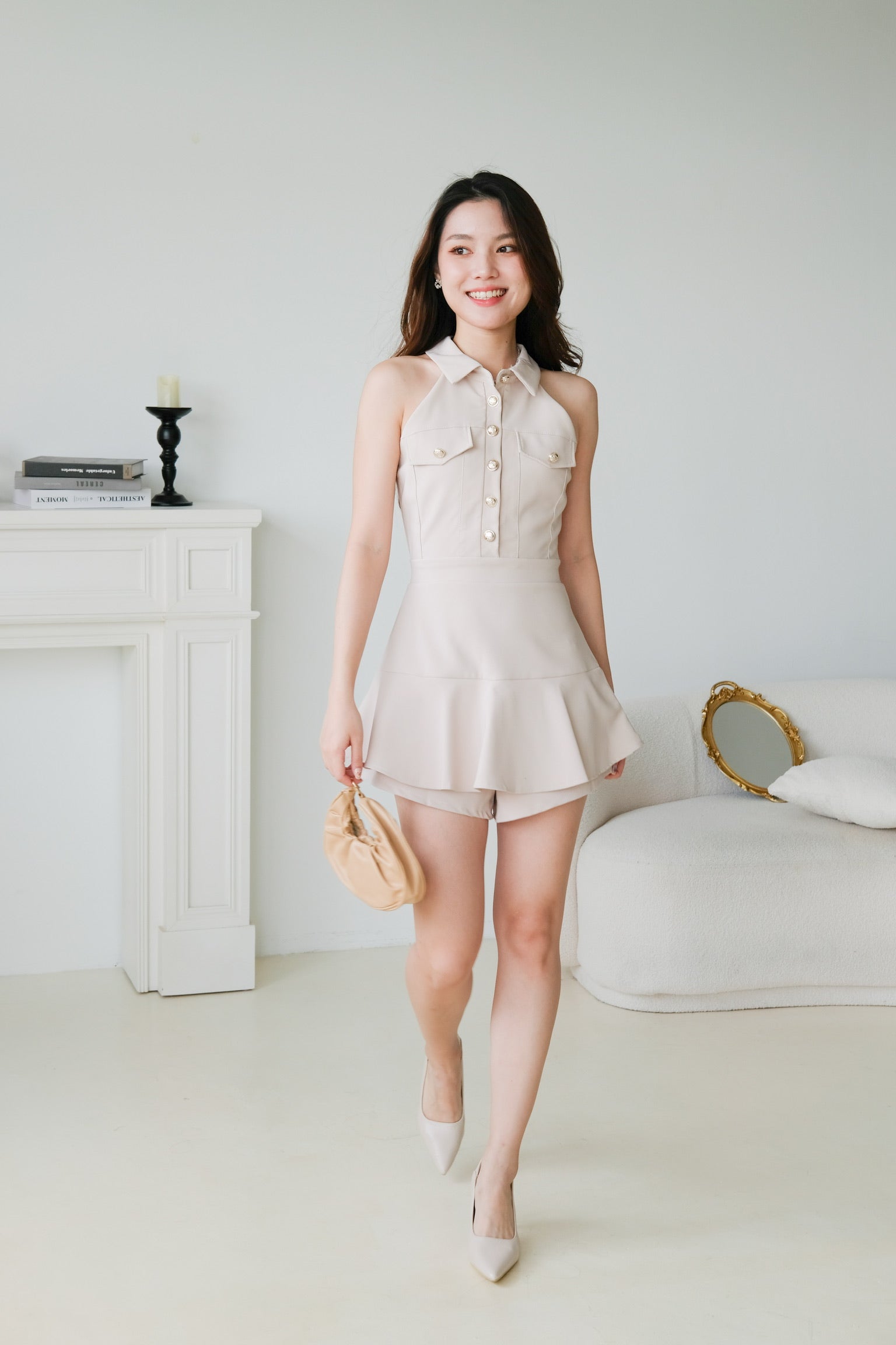 Dionne Gold Button Collared Romper (Oat Beige)