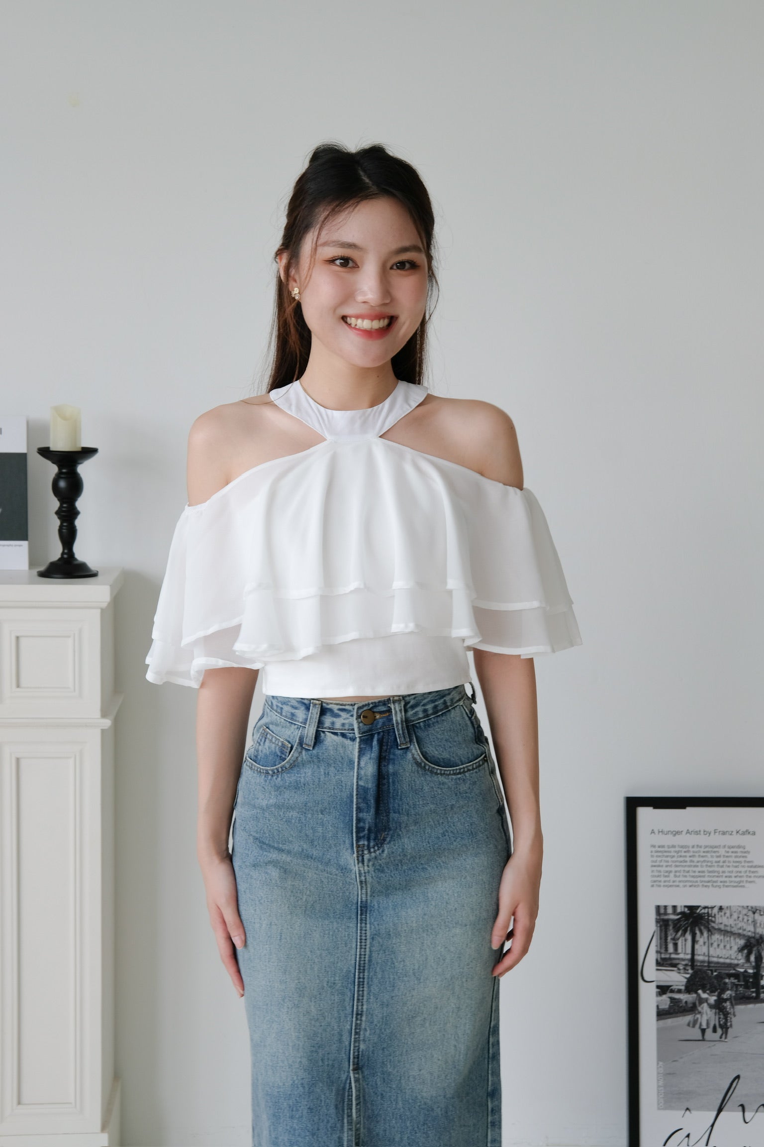 Estelle Halter Ruffle Tiered Crop (White)