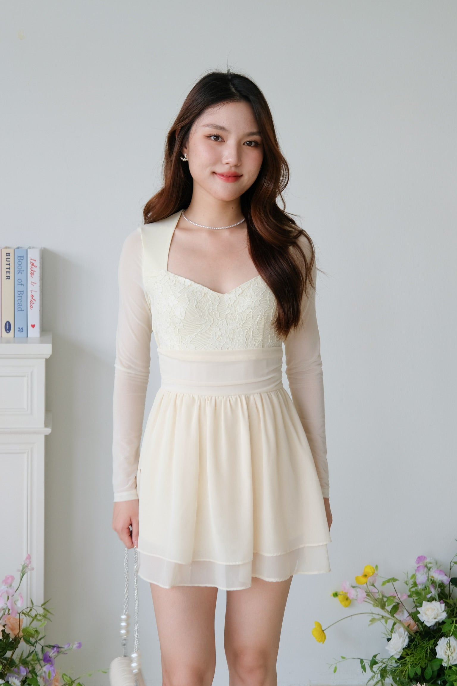 Casslene Long Sleeves Lace Dress (Pale Yellow)