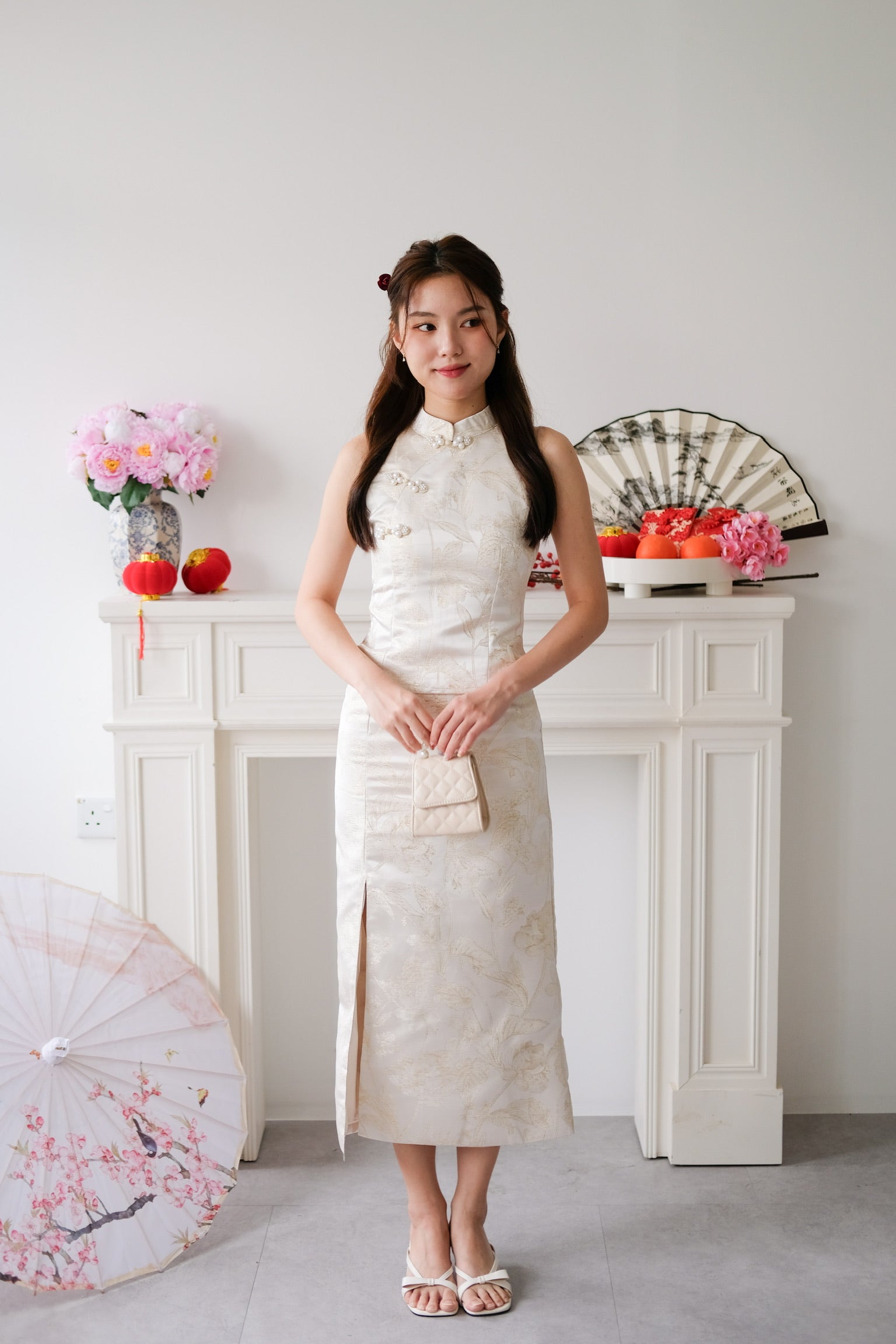 Yan Xi Halter Maxi Cheongsam Set (Cream Gold)
