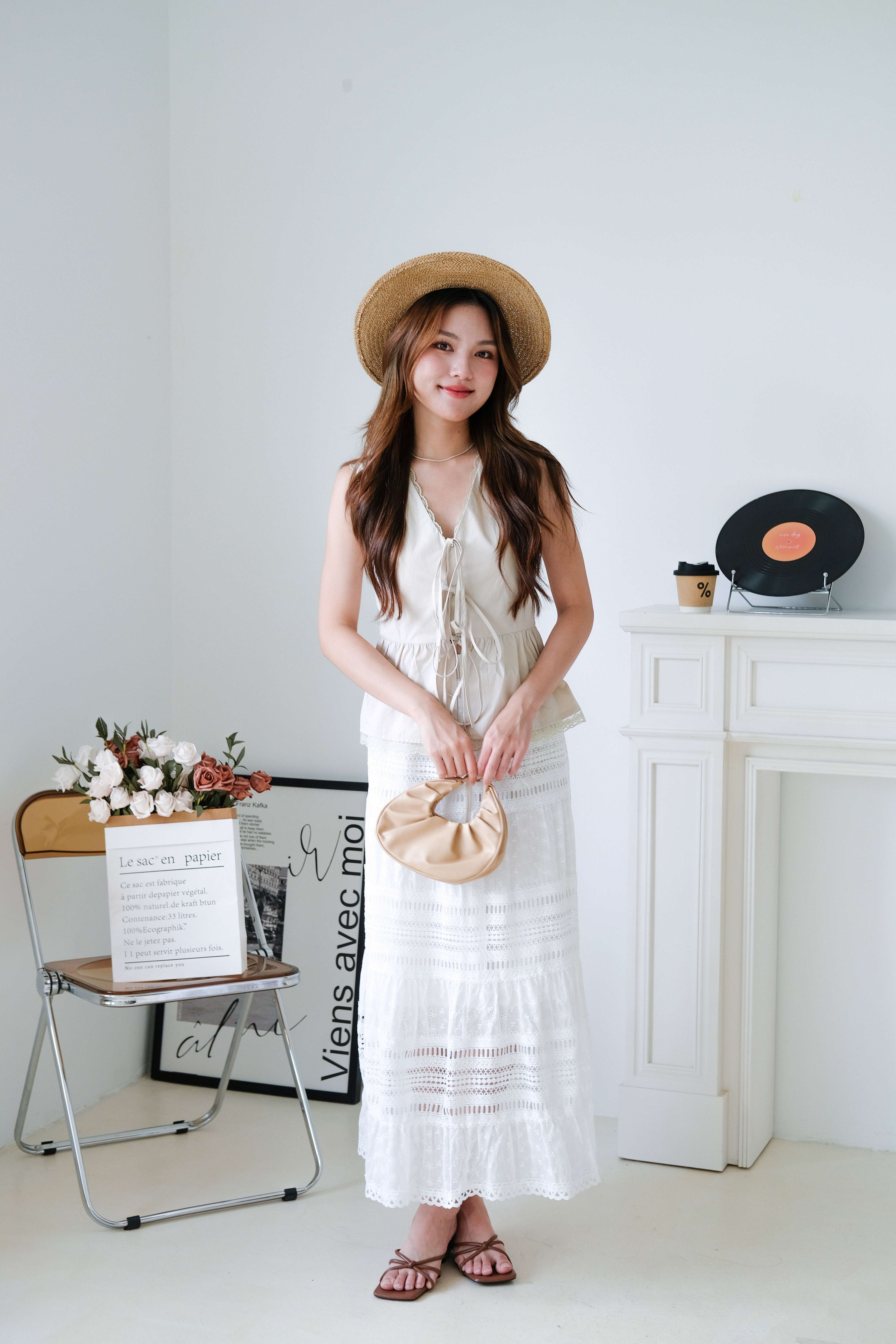 Jeanne Lace Drawstring Peplum Top (Taupe)