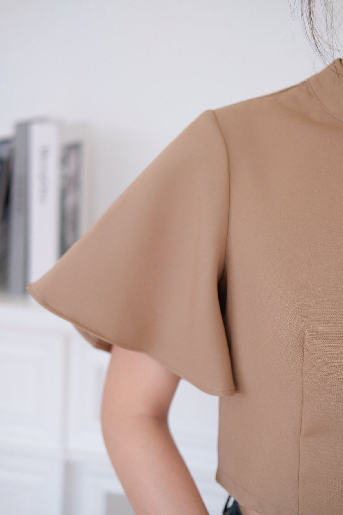 Veena Flutter Sleeves High Neck Top (Khaki)