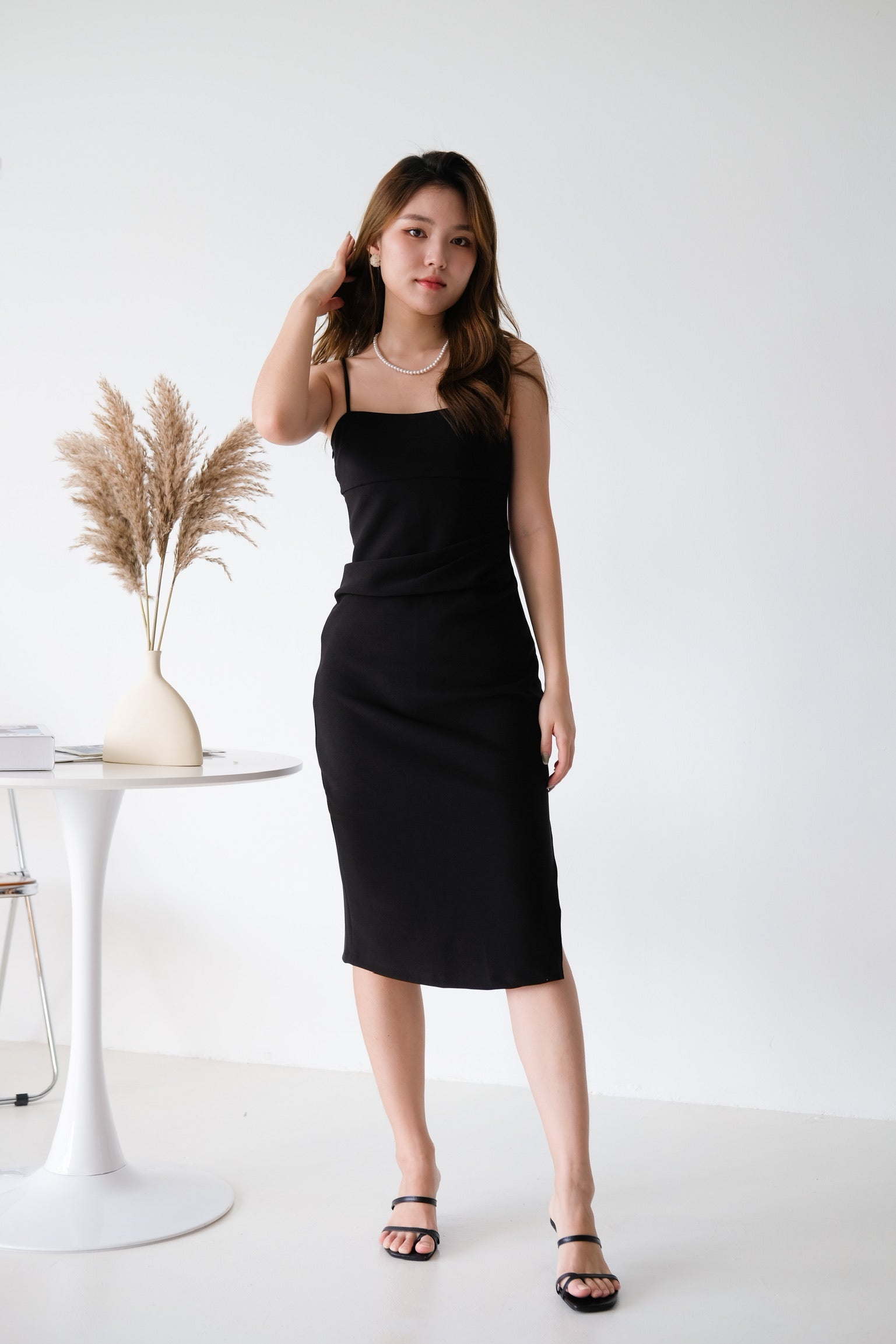 Claudine Ruched Midi Dress (Black)