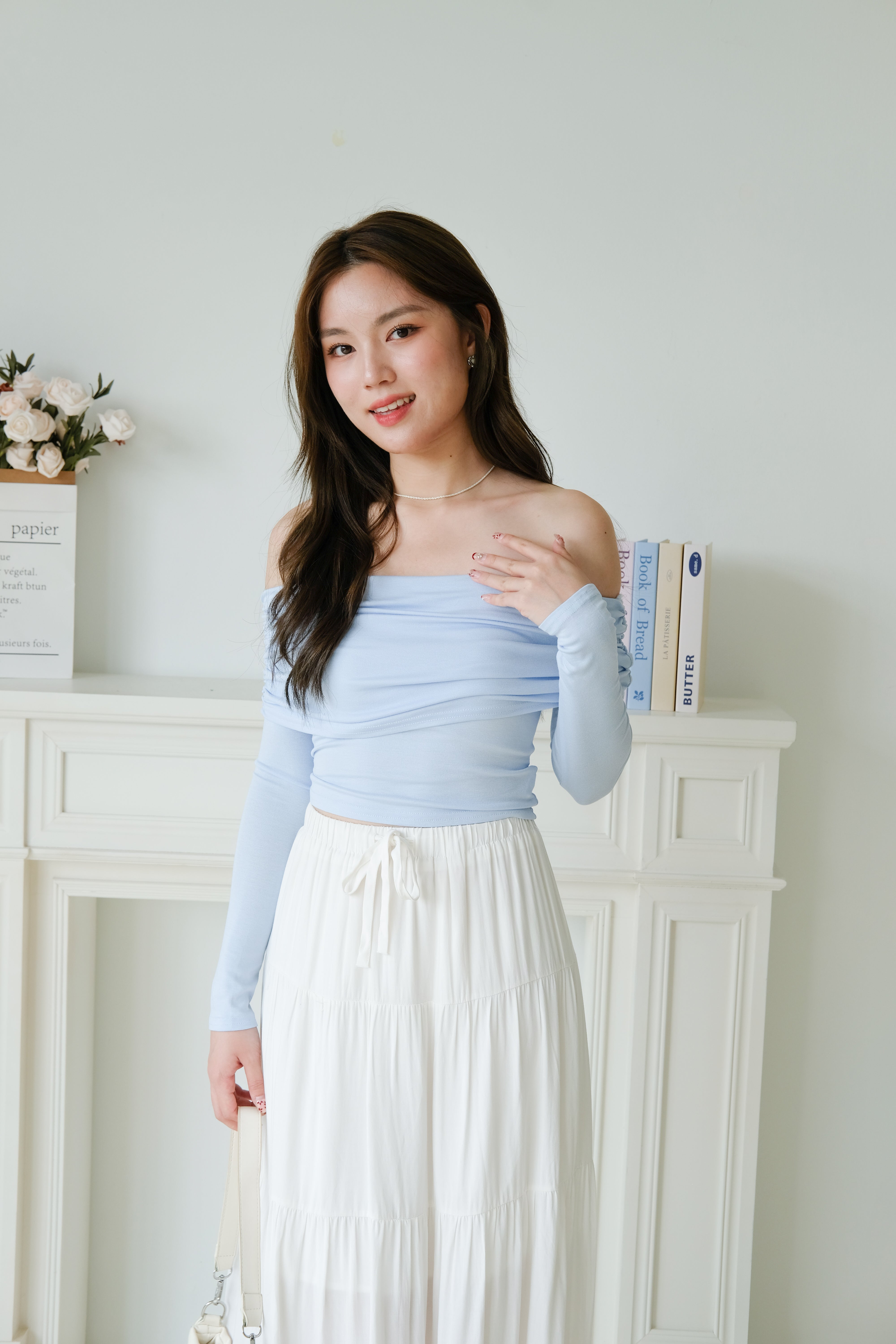 Juliette Overlap Off Shoulder Top (Baby Blue)