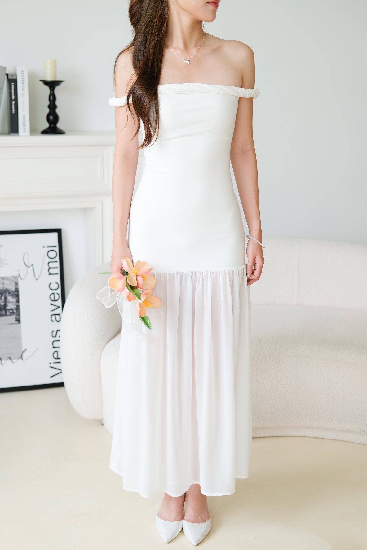 Kim Twist Off Shoulder Bodycon Maxi Dress (White)