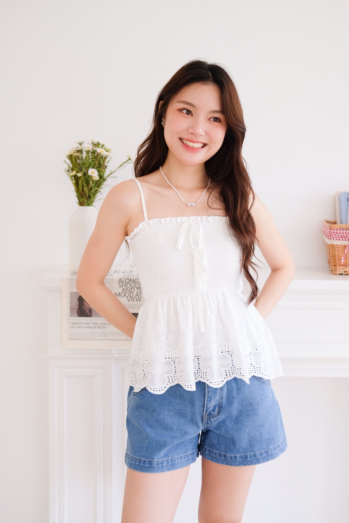 Selina Smocked Ribbon Eyelet Top (White)