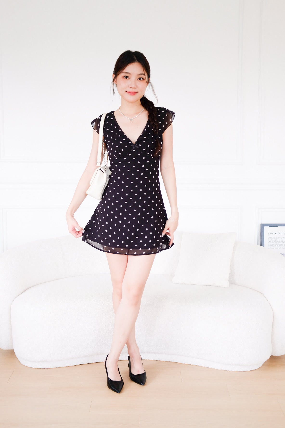 Viola V Neck Polka Dot Dress (Black)