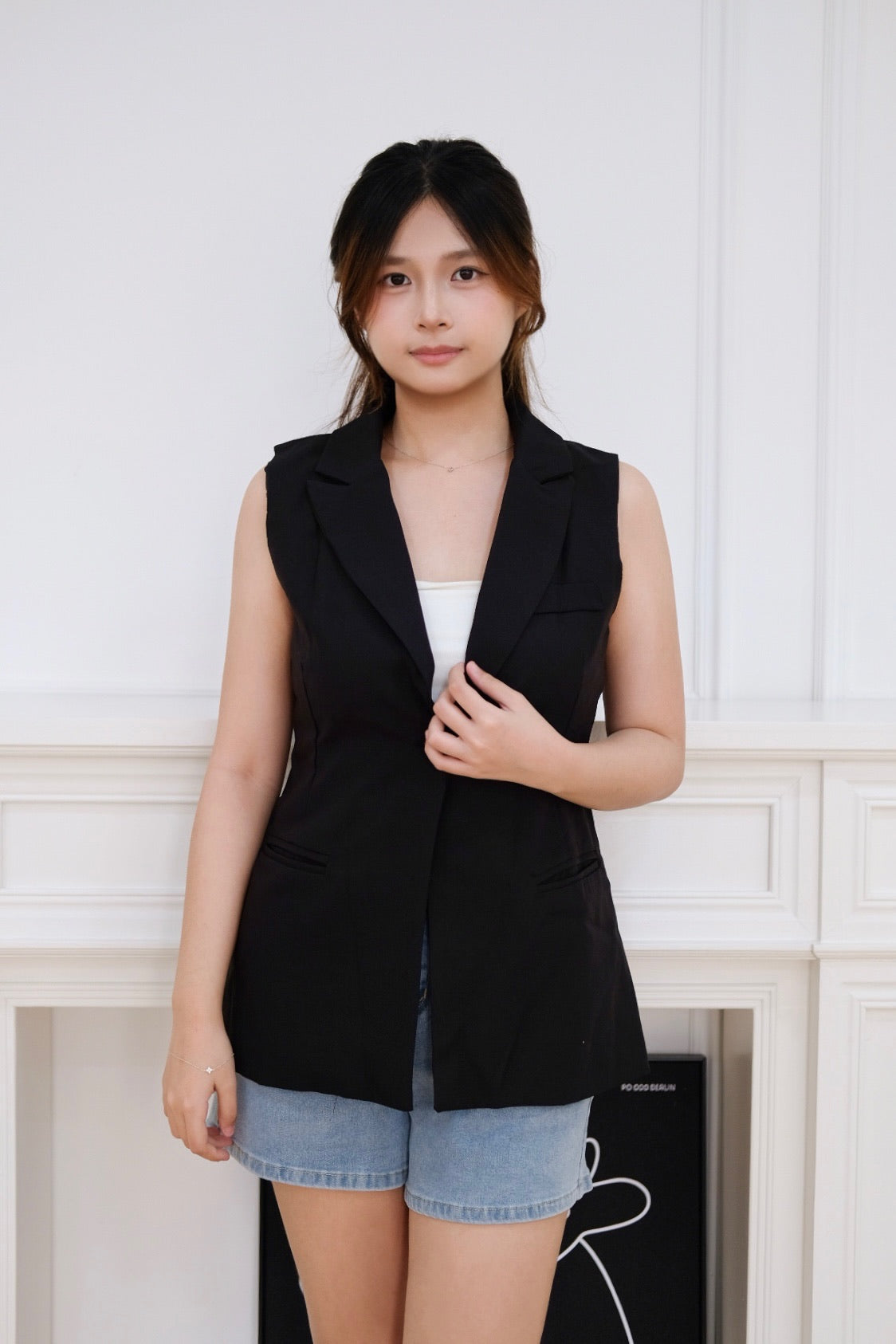 Blazer Vest Button Outerwear (Black)