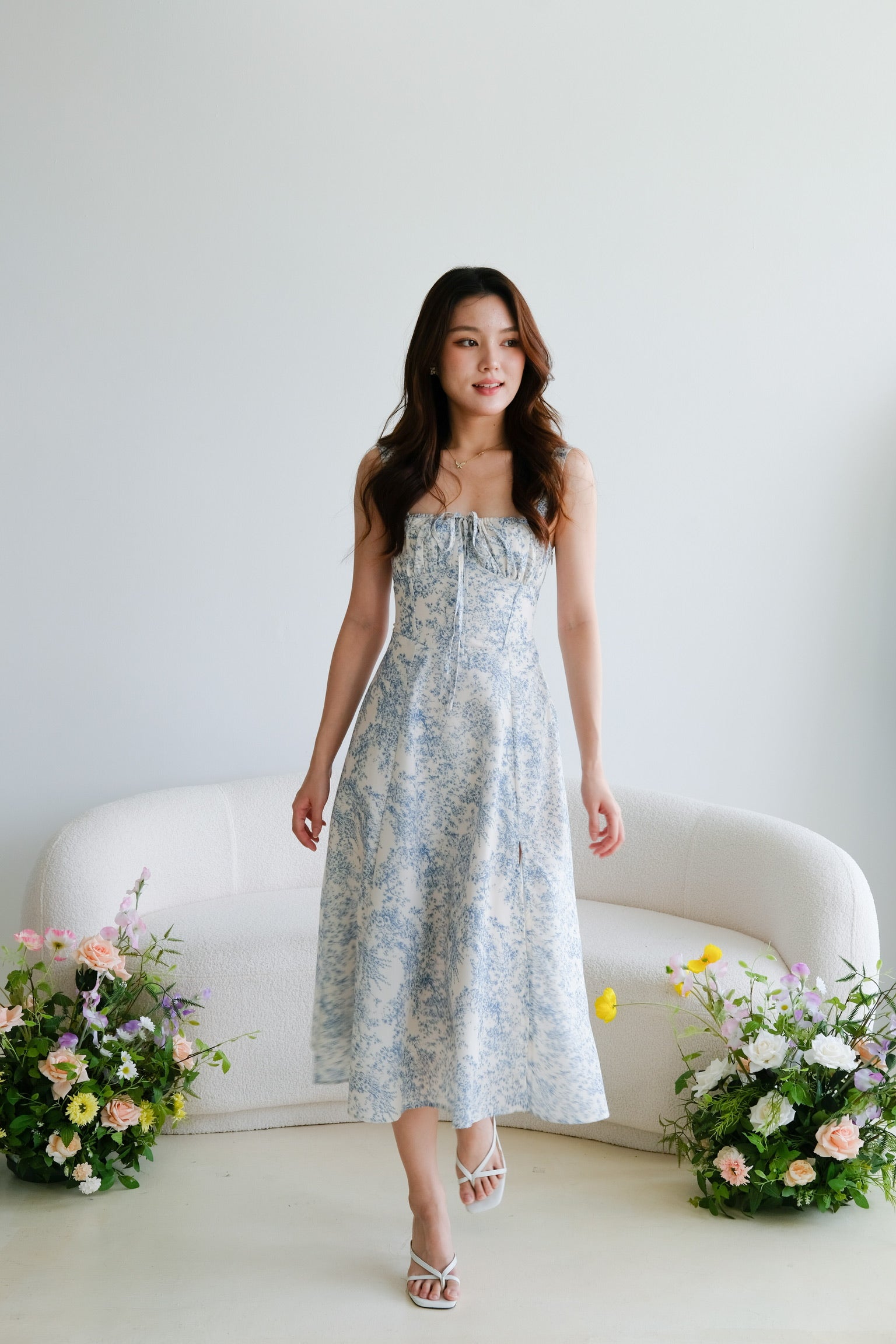 Maisy Ruched Porcelain Maxi Dress (Sky Blue)