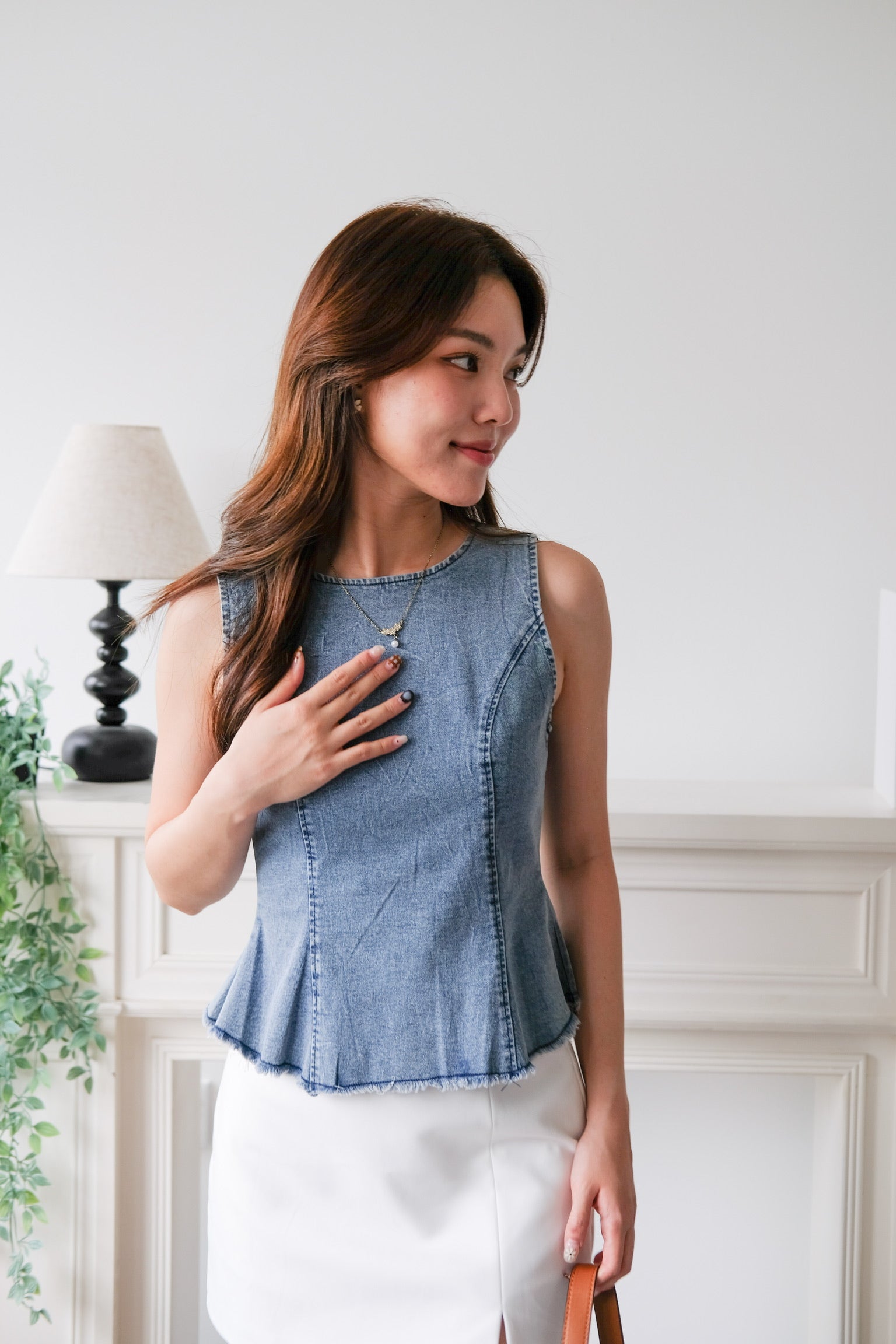 Alda Peplum Denim Top (Light Blue)