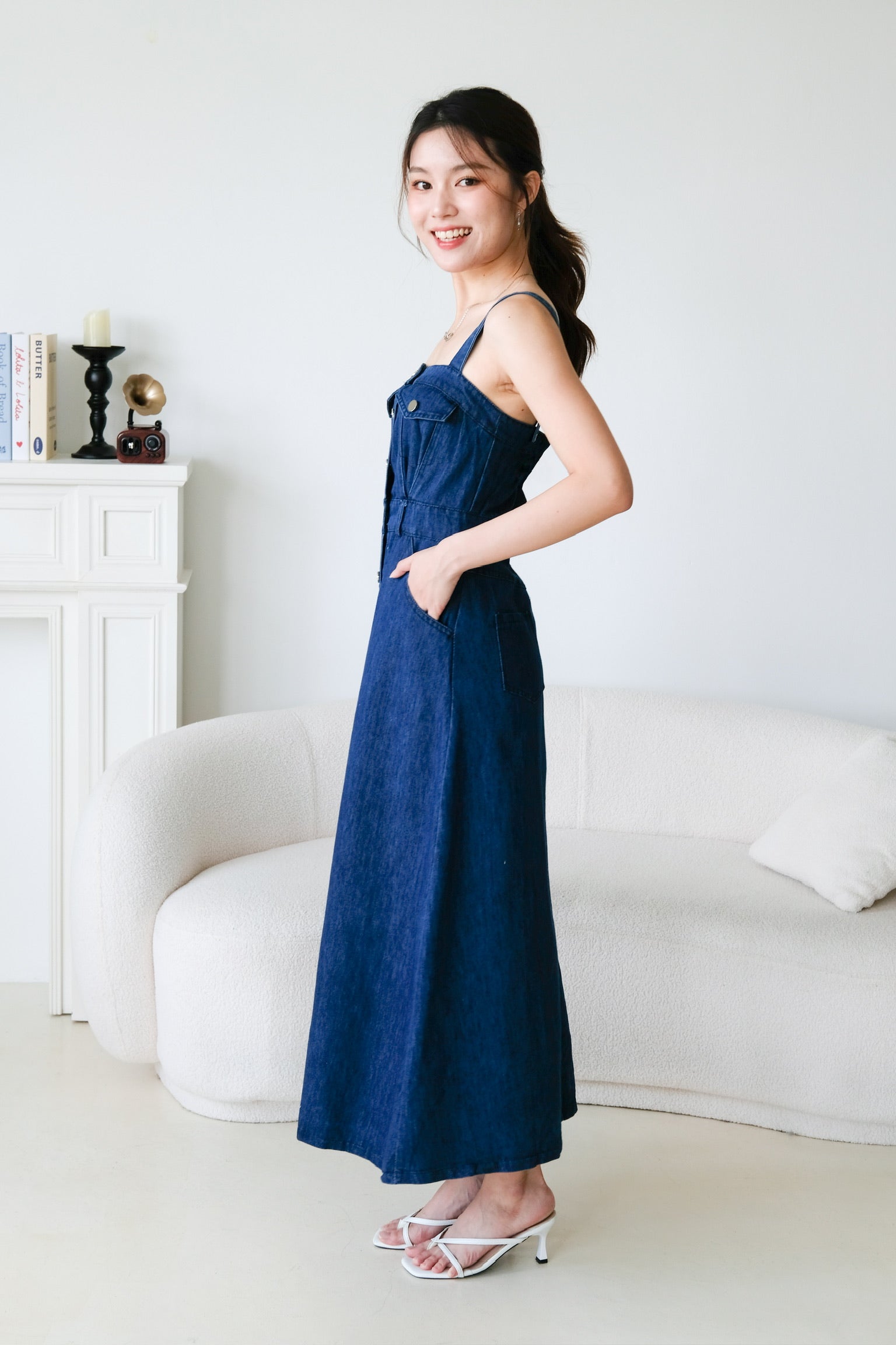 Ean Button Down Denim Maxi Dress (Dark Blue)