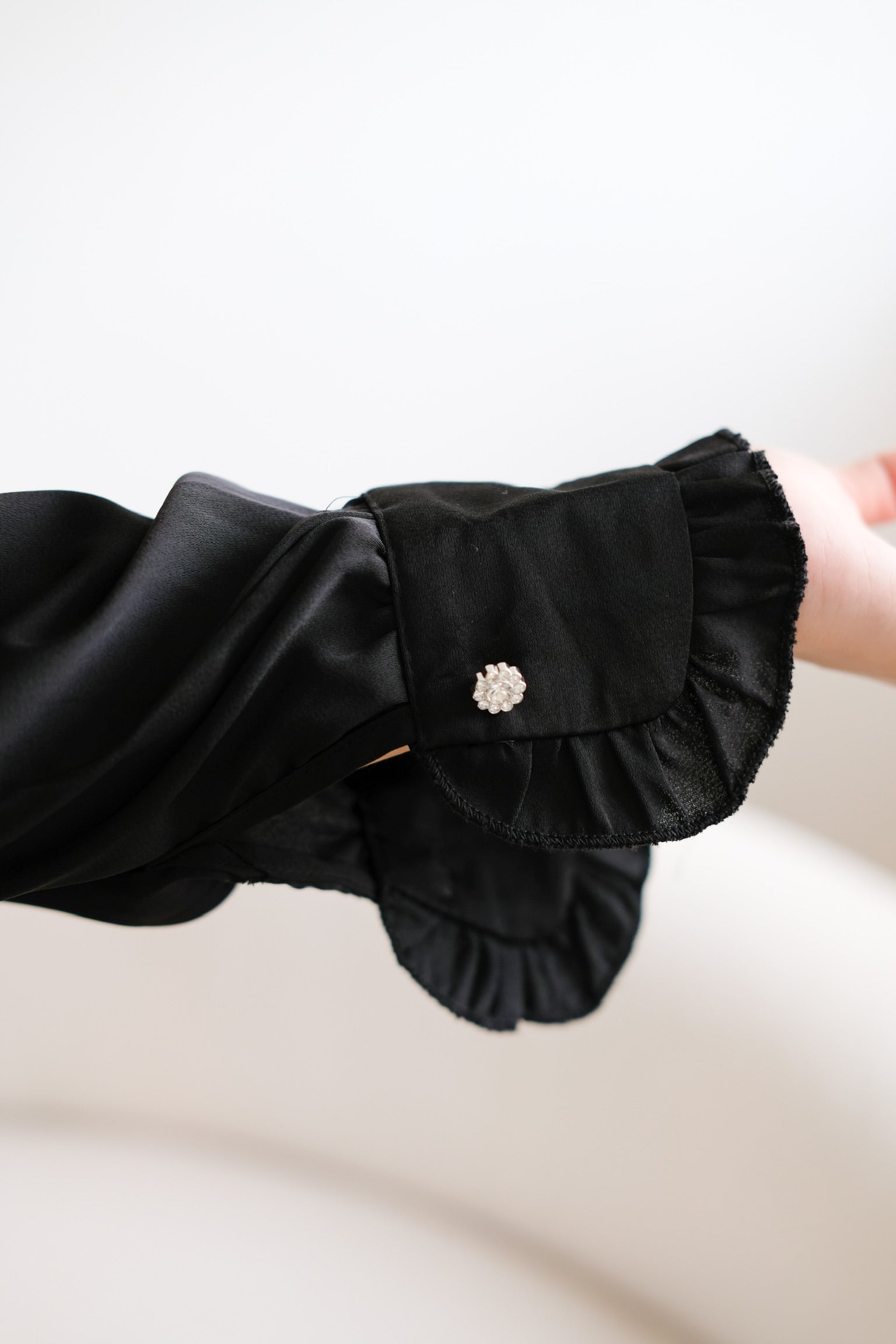 Satin Ruffle Buttons Collared Top (Black)