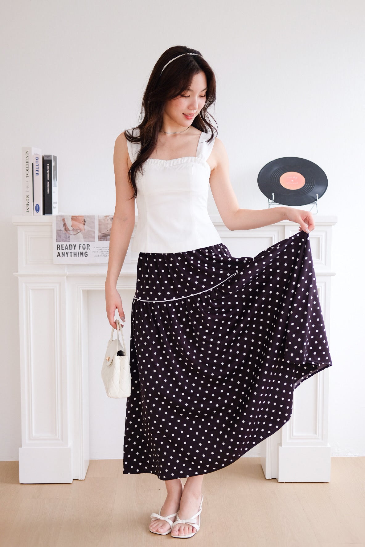 Alva Vintage Contrast A Line Skirt (Polka Black)