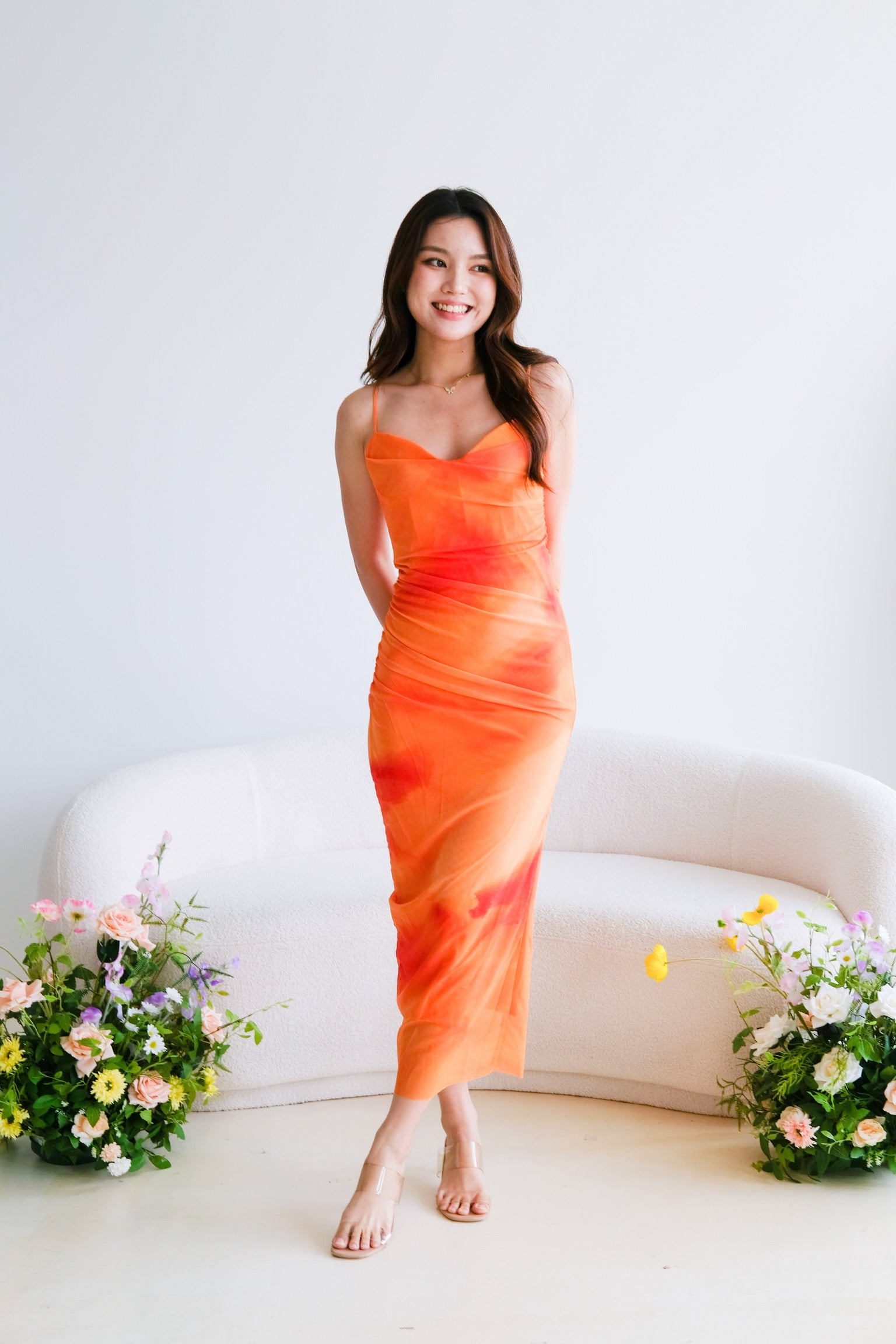 Lindsay Ombre Cowl Mesh Dress (Tangerine)