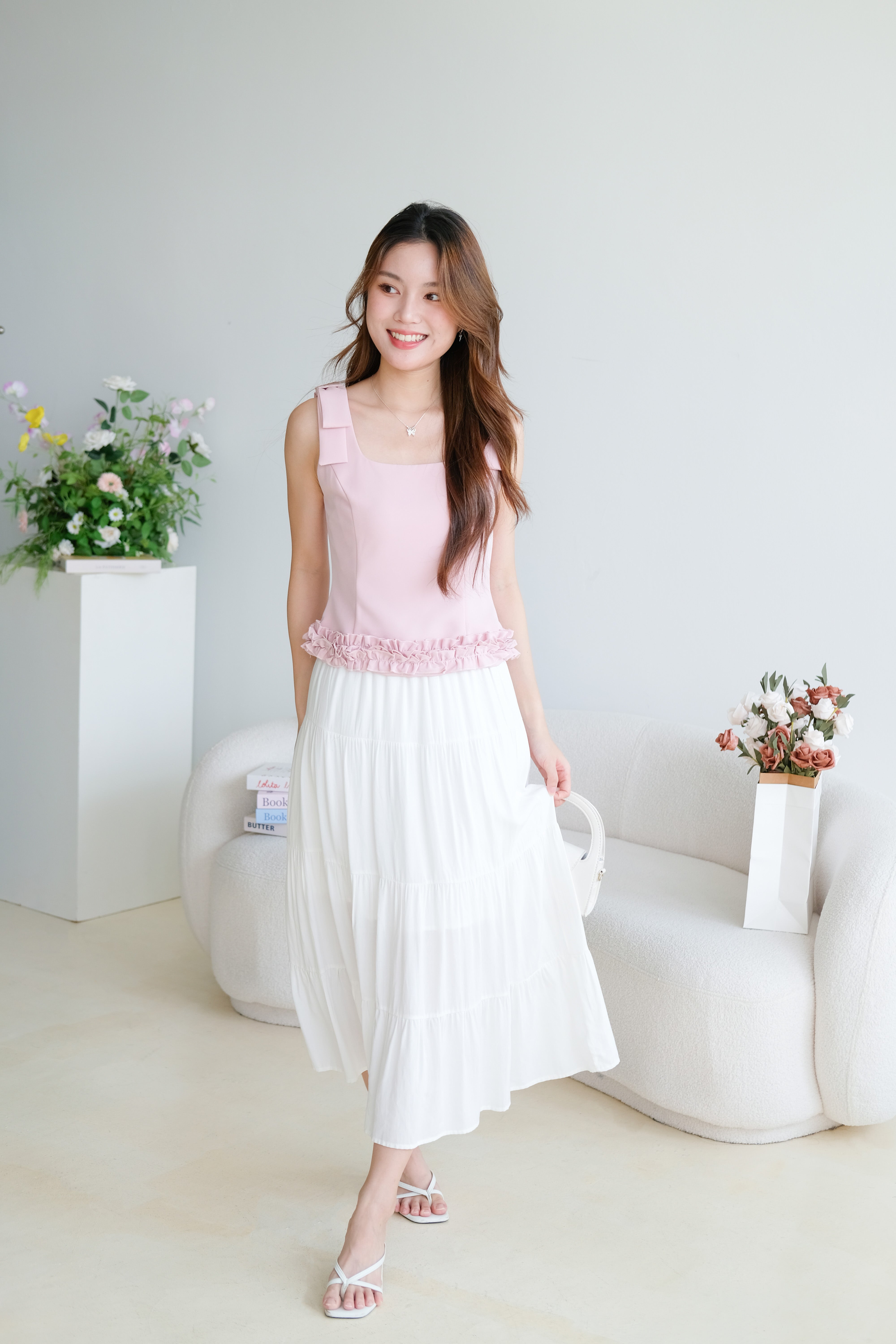 Cecilia Bow Straps Ruffle Top (Dusty Pink)