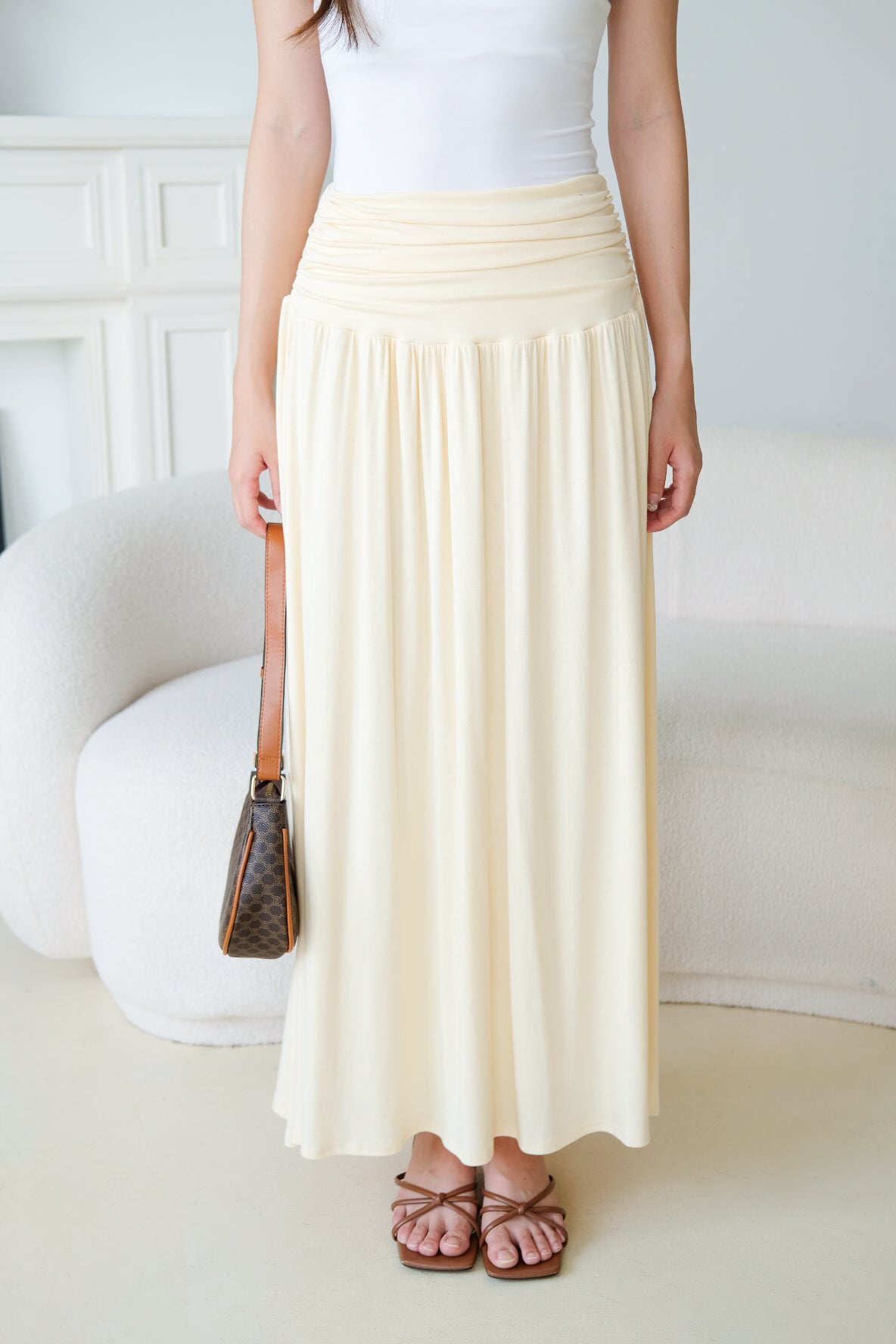 Emmeline Ruched Maxi Skirt (Pale Yellow)