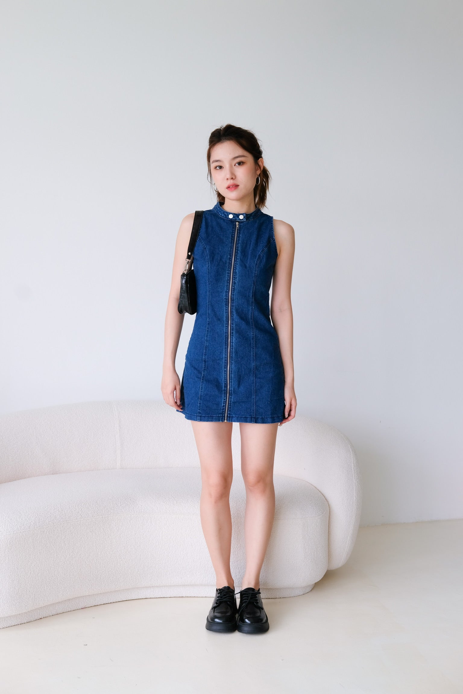 Joee High Neck Denim Dress (Dark Denim)