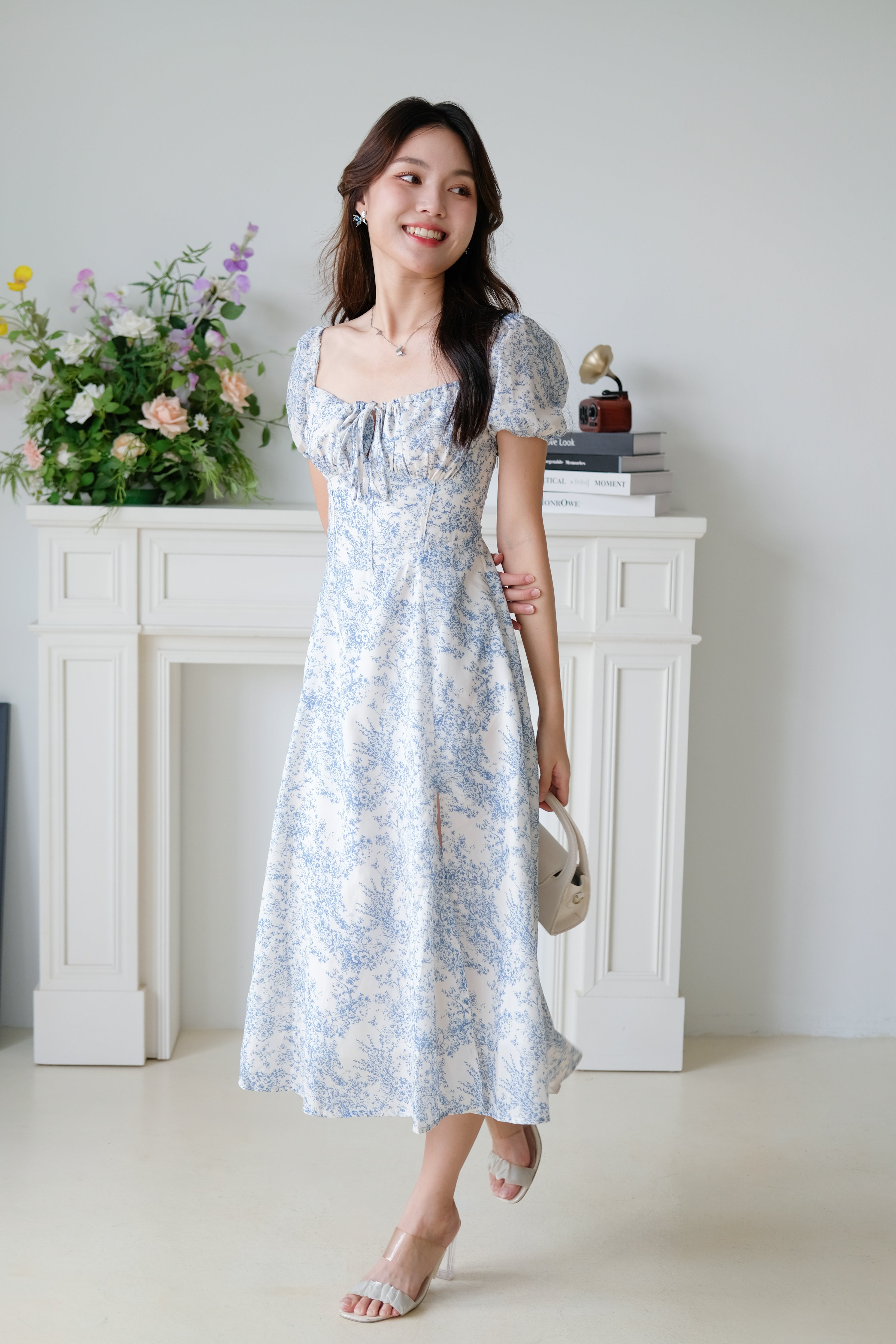 Daphne Ruched Porcelain Maxi Dress (Sky Blue)