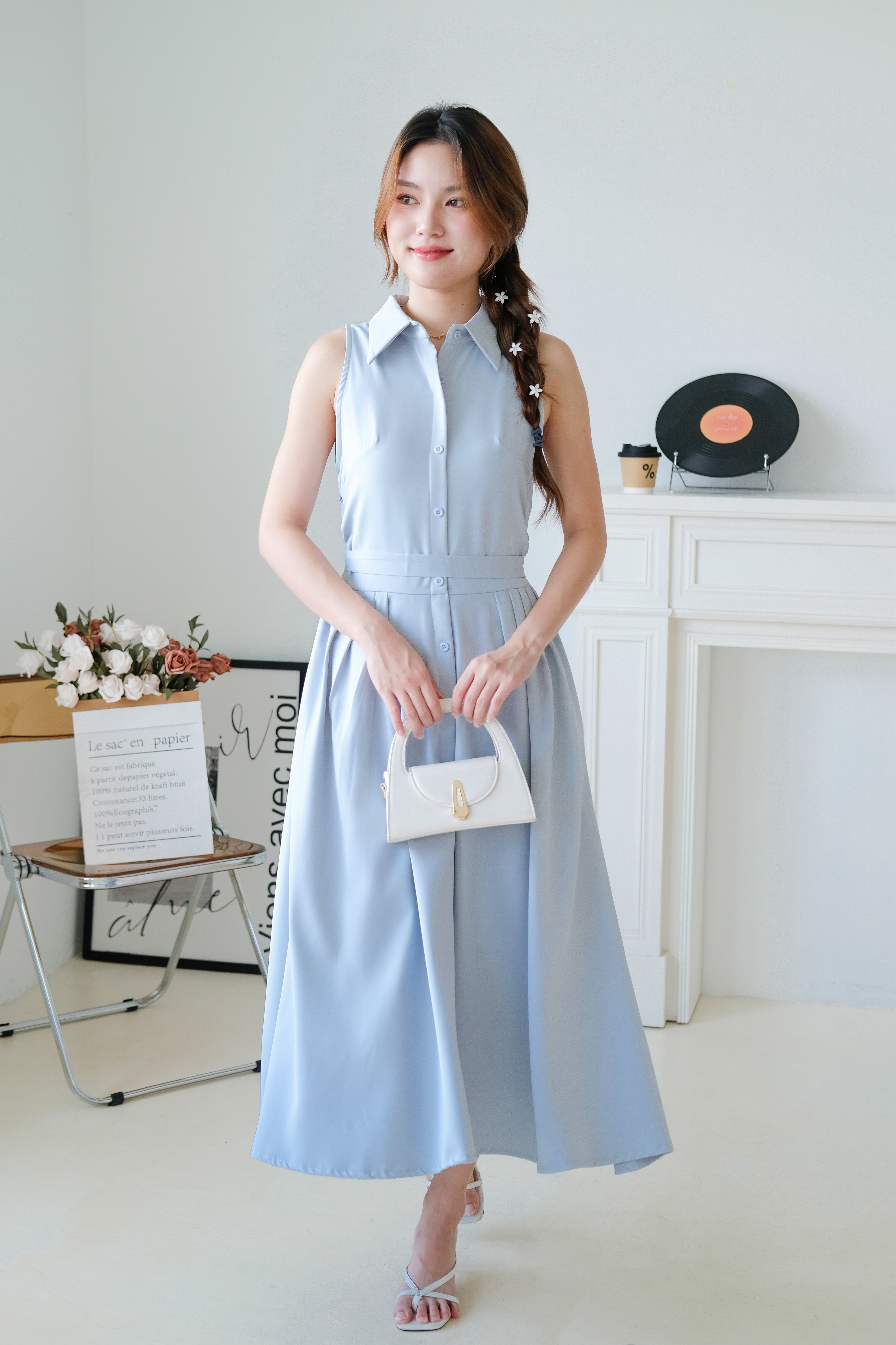 Camille Cinched Waist Collared Maxi Dress (Dusty Blue)