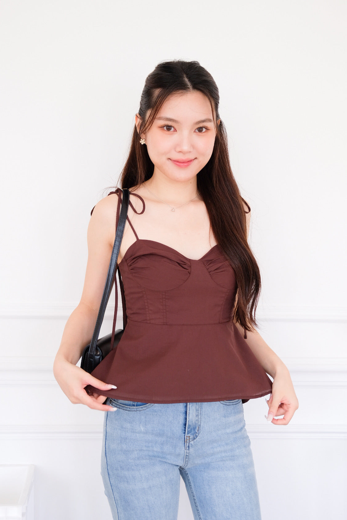 Mona Self Tie Ribbon Peplum Top (Mocha)