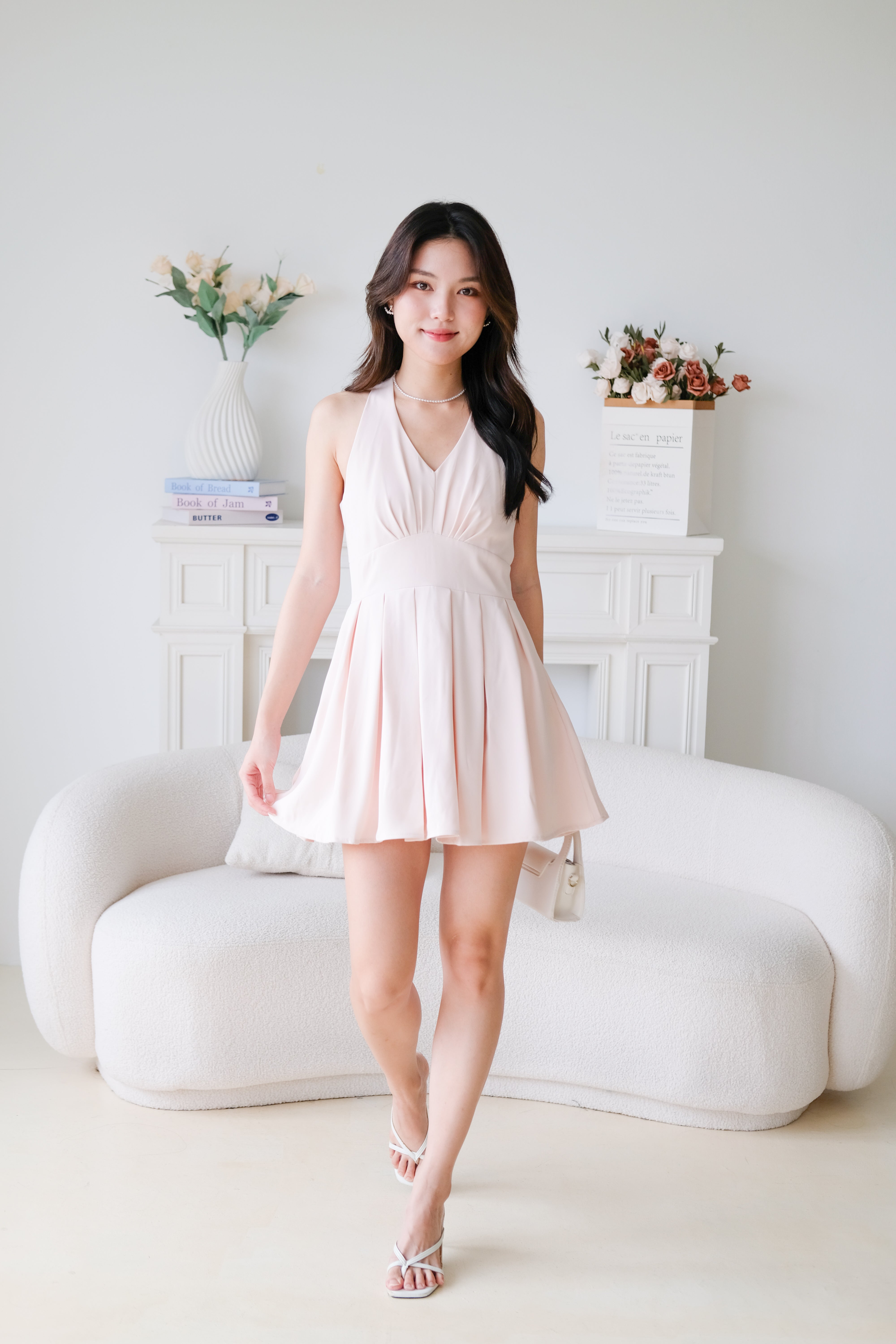 Moon Halter Pleat Dress (Baby Pink)
