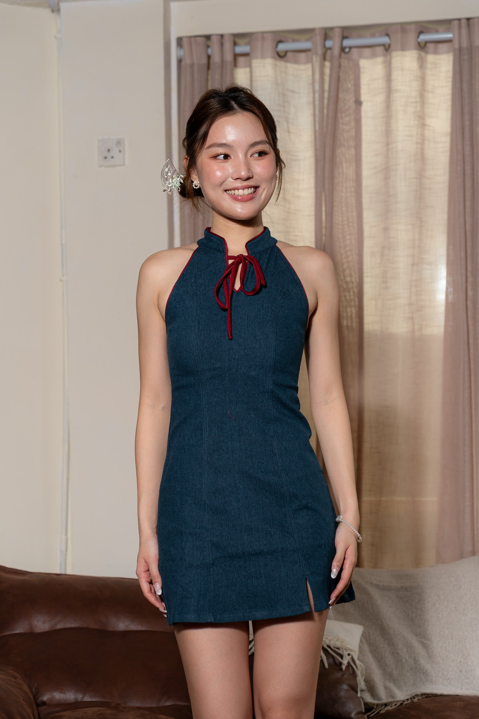 丹禧牛仔 Denim Joy Halter Cheongsam (Dark Blue)