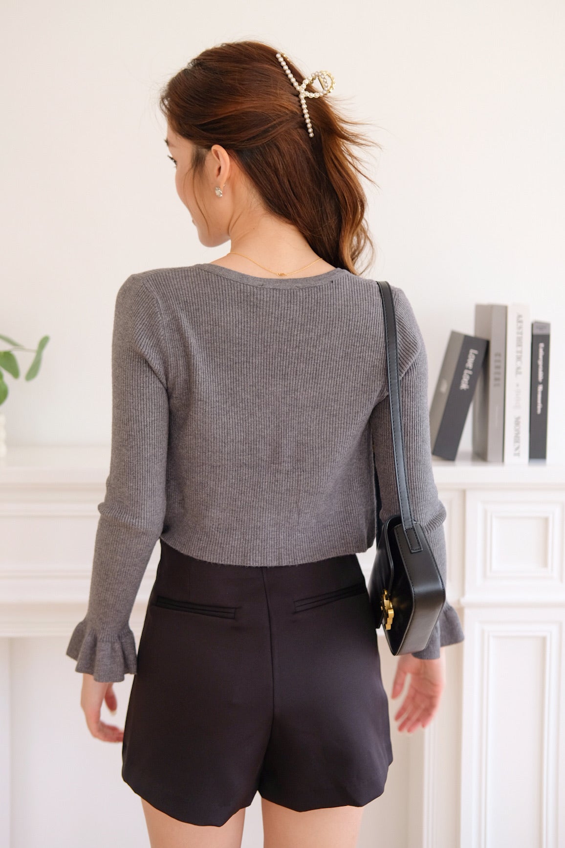 Corrine Bell Sleeves Cropped Cardigan (Dark Grey)