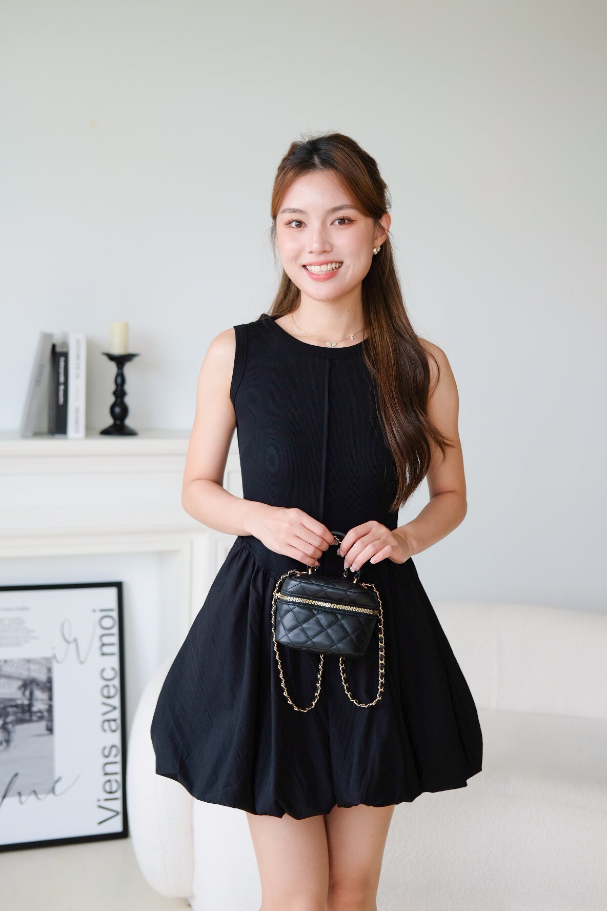 Carmen Ribbed Bubble Dress (Black)