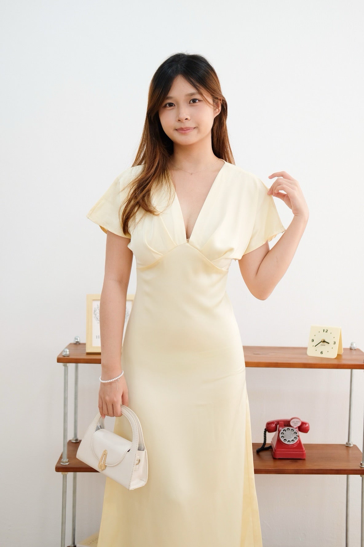 Yellow V Neck Flutter Satin Maxi Dress